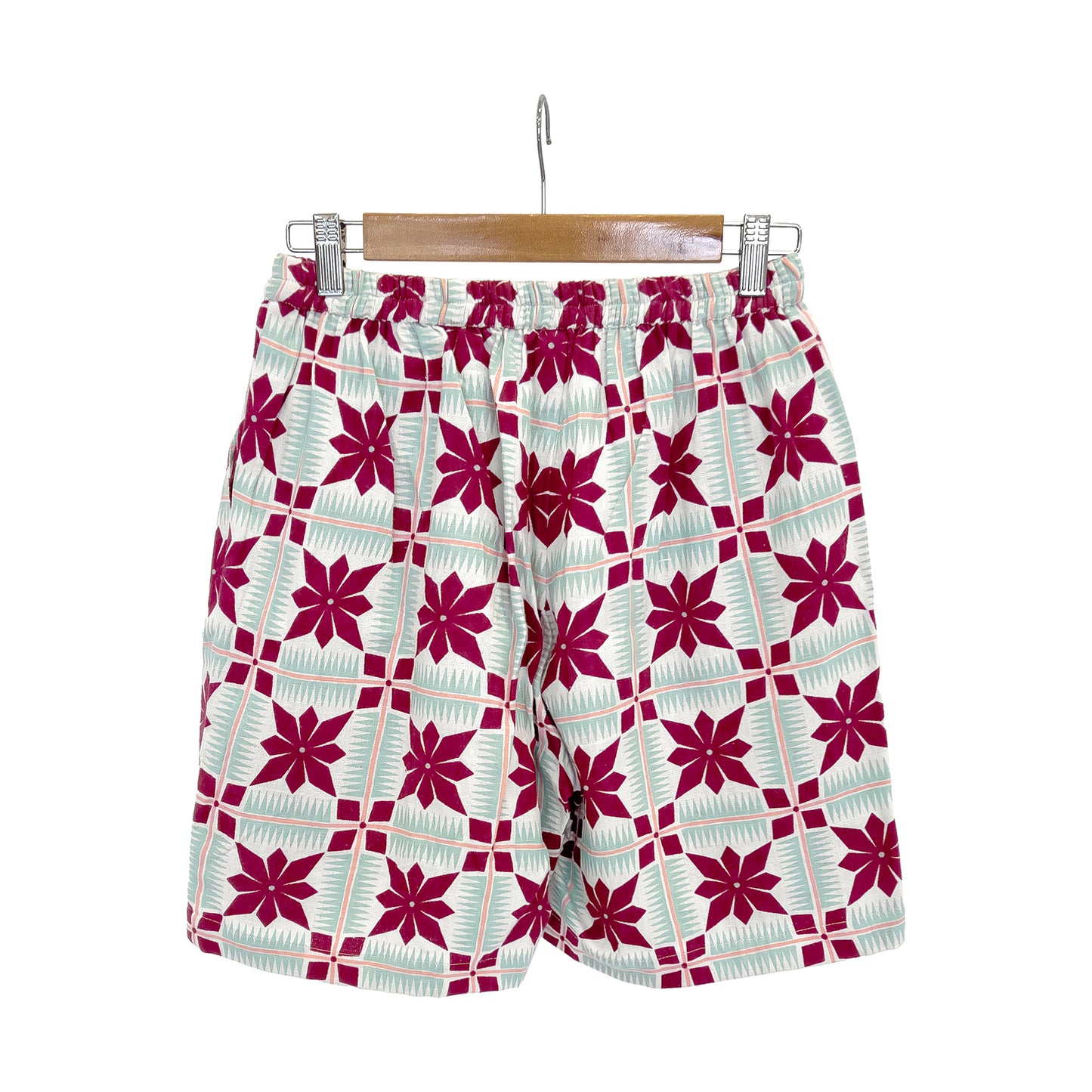 Floral Grid Ina Shorts Burgundy - Harkoi Studio - Add a refined touch to your wardrobe with the Floral Grid Ina Shorts in burgundy. Keywords: sustainable shorts, eco-friendly fashion, Floral Grid Ina Shorts, burgundy shorts, ethical clothing.