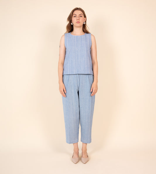 Haru Pants Cobalt Texture - Harkoi Studio - Upgrade your wardrobe with the Haru Pants in cobalt texture. Keywords: sustainable pants, eco-friendly trousers, Haru Pants, cobalt textured pants, ethical fashion.