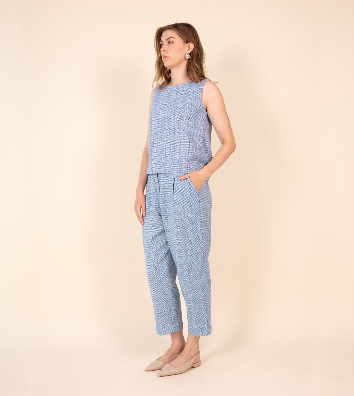 Haru Pants Cobalt Texture - Harkoi Studio - Upgrade your wardrobe with the Haru Pants in cobalt texture. Keywords: sustainable pants, eco-friendly trousers, Haru Pants, cobalt textured pants, ethical fashion.