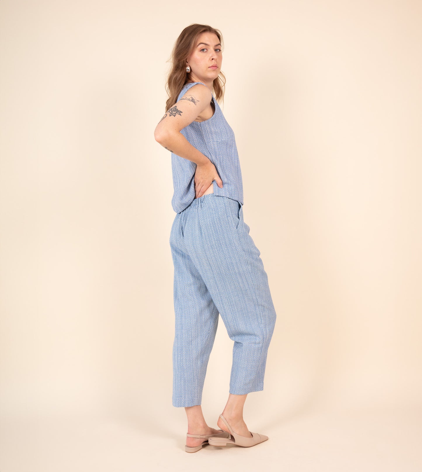Haru Pants Cobalt Texture - Harkoi Studio - Upgrade your wardrobe with the Haru Pants in cobalt texture. Keywords: sustainable pants, eco-friendly trousers, Haru Pants, cobalt textured pants, ethical fashion.