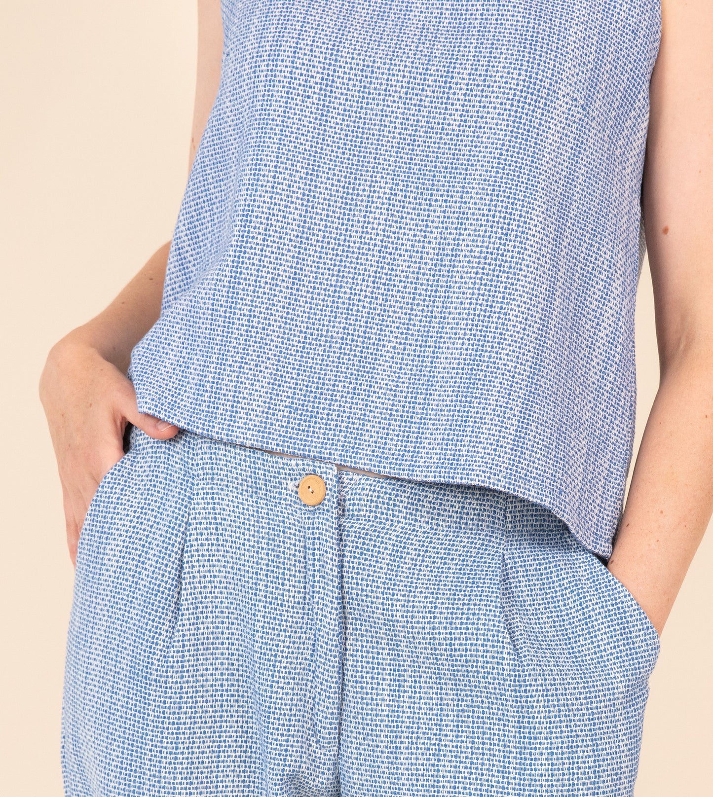Haru Pants Cobalt Texture - Harkoi Studio - Upgrade your wardrobe with the Haru Pants in cobalt texture. Keywords: sustainable pants, eco-friendly trousers, Haru Pants, cobalt textured pants, ethical fashion.