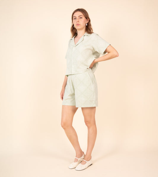 Ren Shorts Pale Green | Harkoi Studio - Embrace effortless style with the Ren Shorts in pale green. Keywords: sustainable shorts, eco-friendly fashion, Ren Shorts, pale green shorts, ethical clothing.