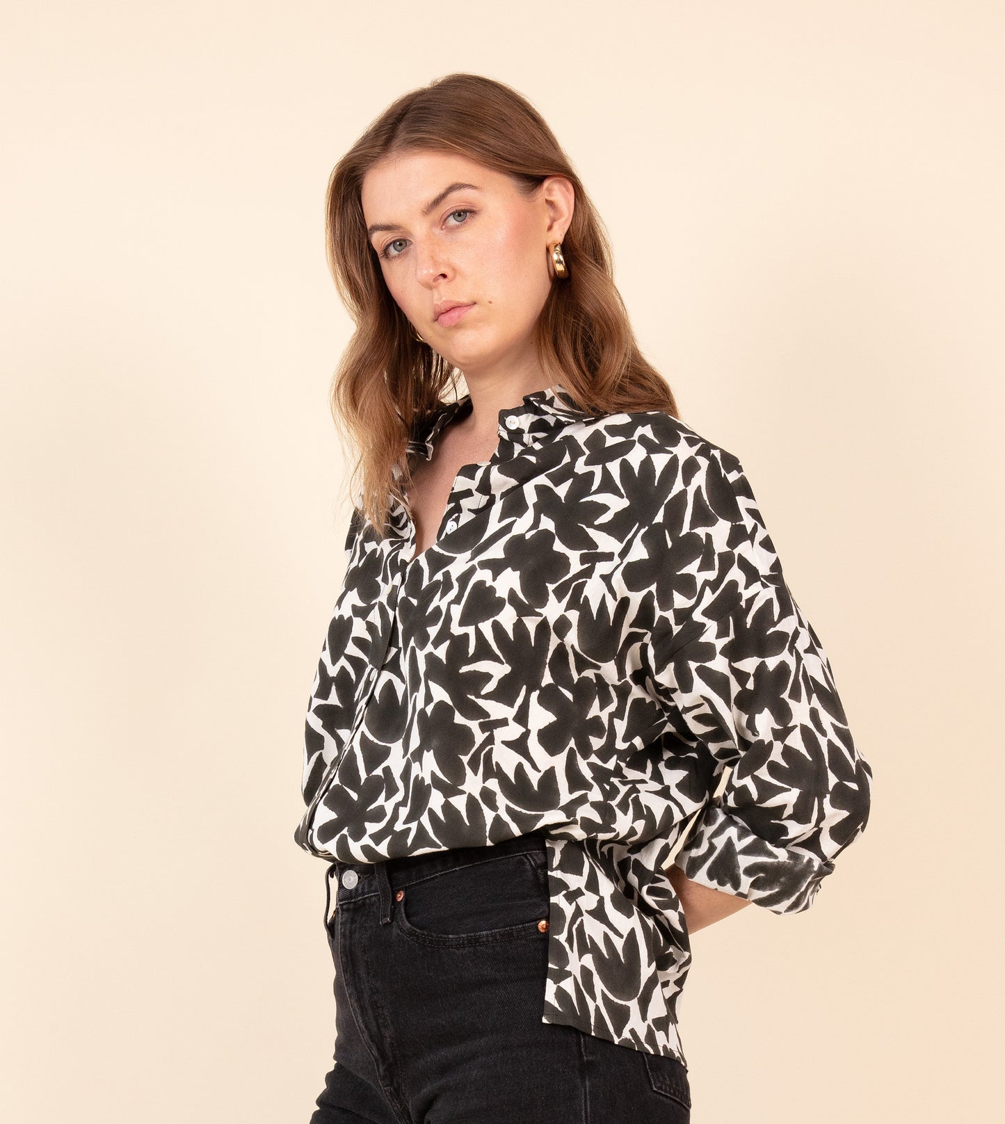 Abstract Shapes Fuji Shirt Black - Harkoi Studio - Make a statement with the Abstract Shapes Fuji Shirt in black. Keywords: sustainable men's shirt, eco-friendly fashion, Abstract Shapes Fuji Shirt, black patterned shirt, ethical clothing.