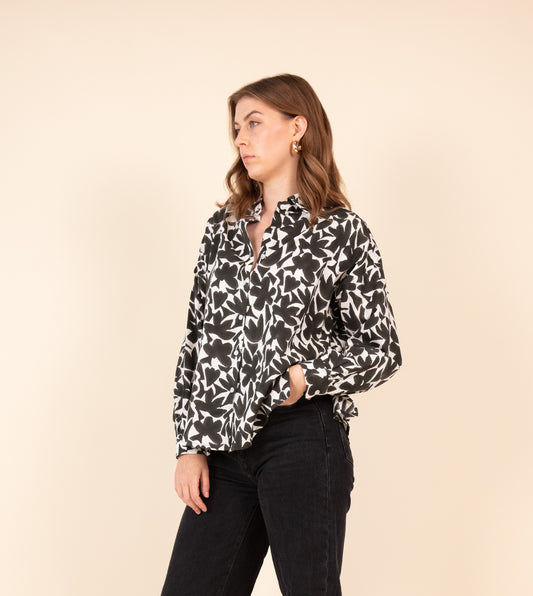 Abstract Shapes Fuji Shirt Black - Harkoi Studio - Make a statement with the Abstract Shapes Fuji Shirt in black. Keywords: sustainable men's shirt, eco-friendly fashion, Abstract Shapes Fuji Shirt, black patterned shirt, ethical clothing.