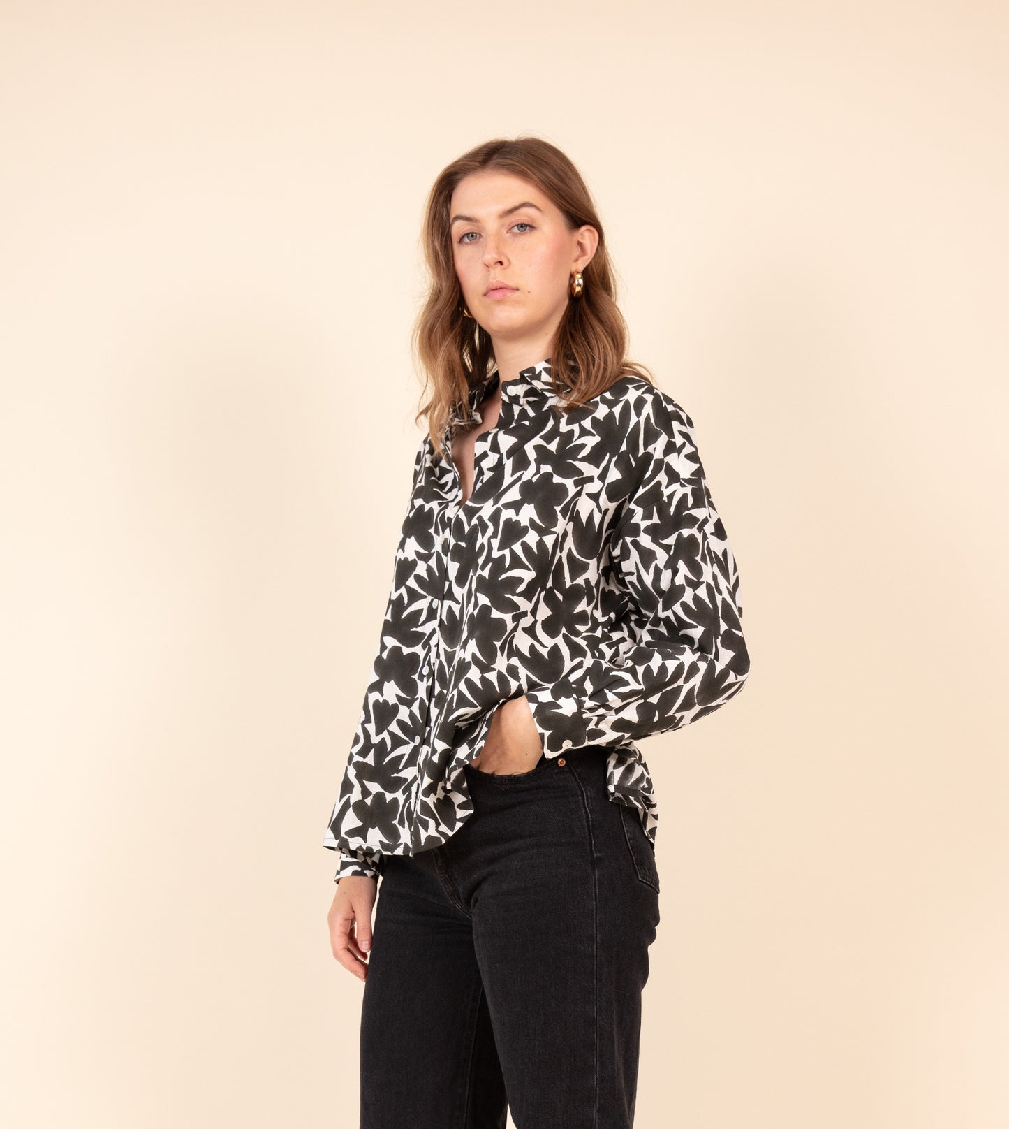 Abstract Shapes Fuji Shirt Black - Harkoi Studio - Make a statement with the Abstract Shapes Fuji Shirt in black. Keywords: sustainable men's shirt, eco-friendly fashion, Abstract Shapes Fuji Shirt, black patterned shirt, ethical clothing.