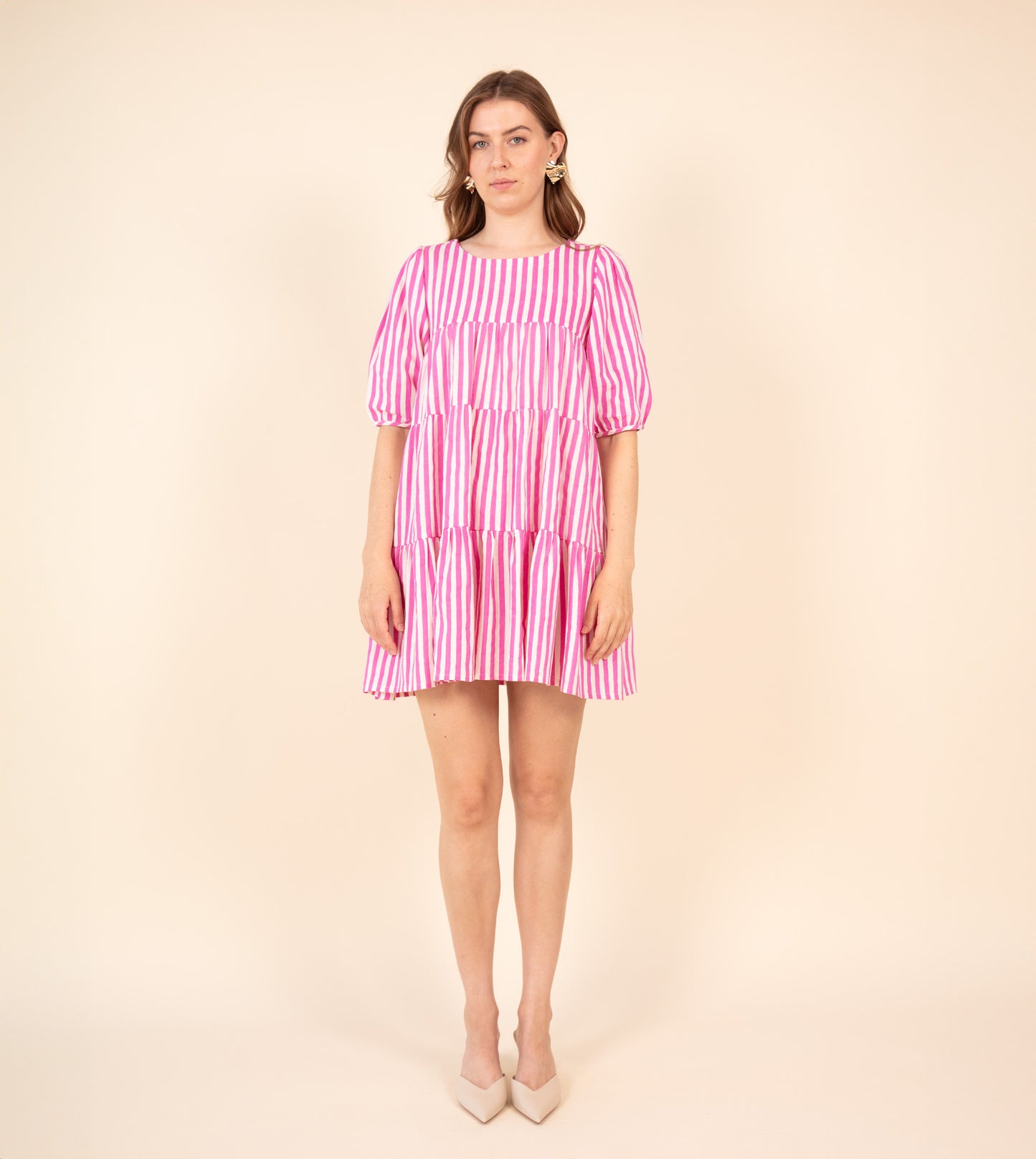 Stripes Asa Dress Pink | Harkoi Studio - Brighten your wardrobe with the Stripes Asa Dress in vibrant pink. Keywords: sustainable dress, eco-friendly fashion, striped dress, pink dress, ethical clothing.