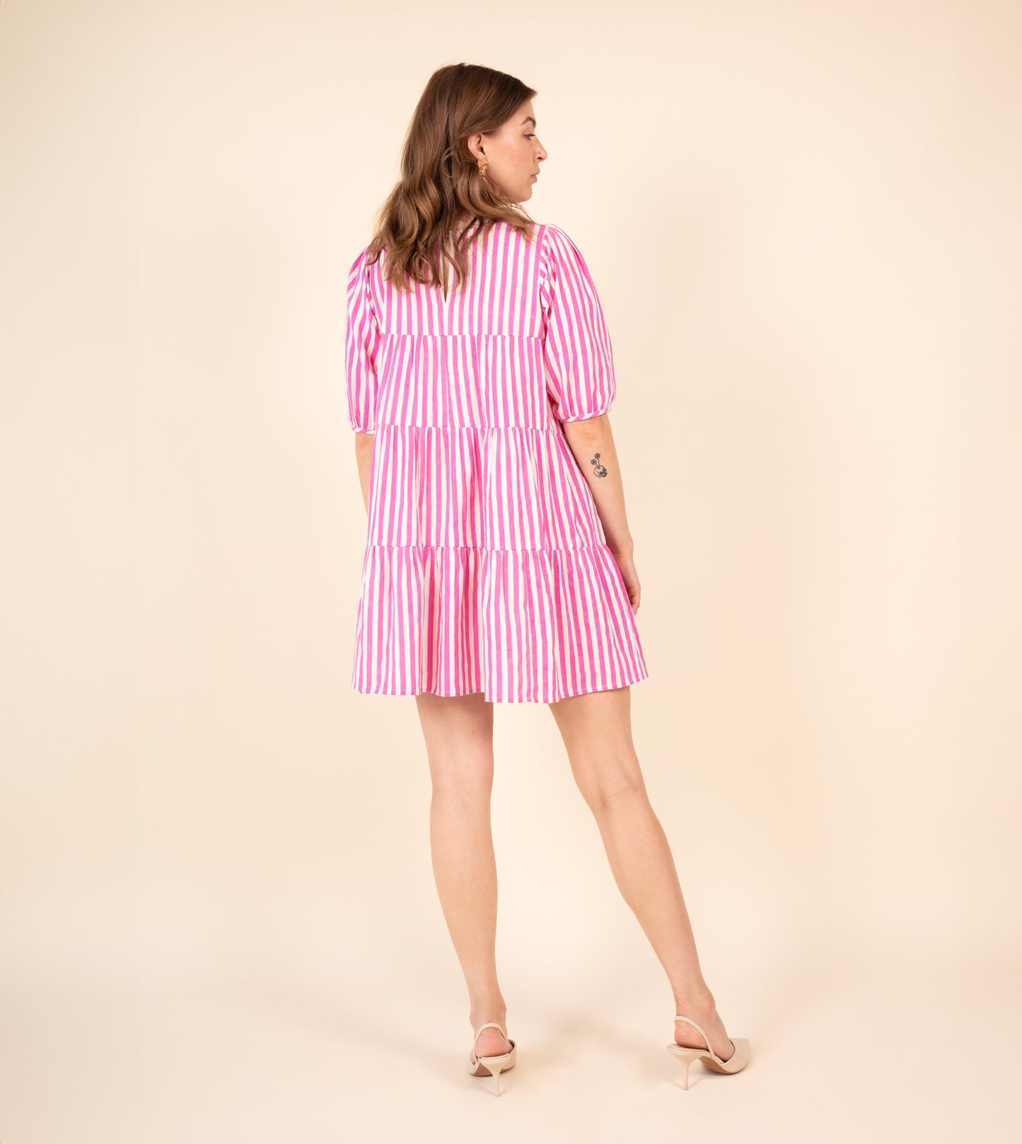 Stripes Asa Dress Pink | Harkoi Studio - Brighten your wardrobe with the Stripes Asa Dress in vibrant pink. Keywords: sustainable dress, eco-friendly fashion, striped dress, pink dress, ethical clothing.