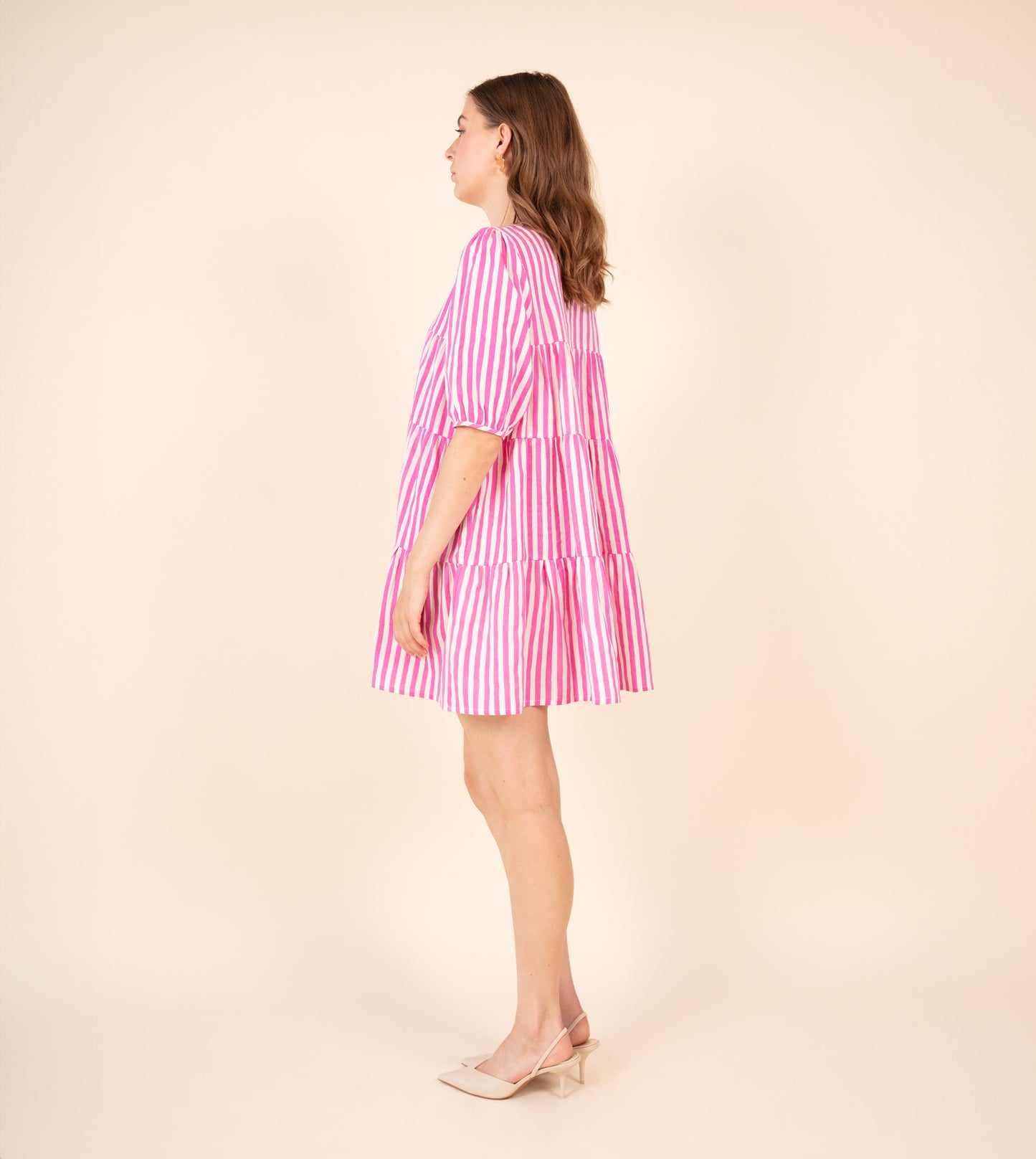 Stripes Asa Dress Pink | Harkoi Studio - Brighten your wardrobe with the Stripes Asa Dress in vibrant pink. Keywords: sustainable dress, eco-friendly fashion, striped dress, pink dress, ethical clothing.