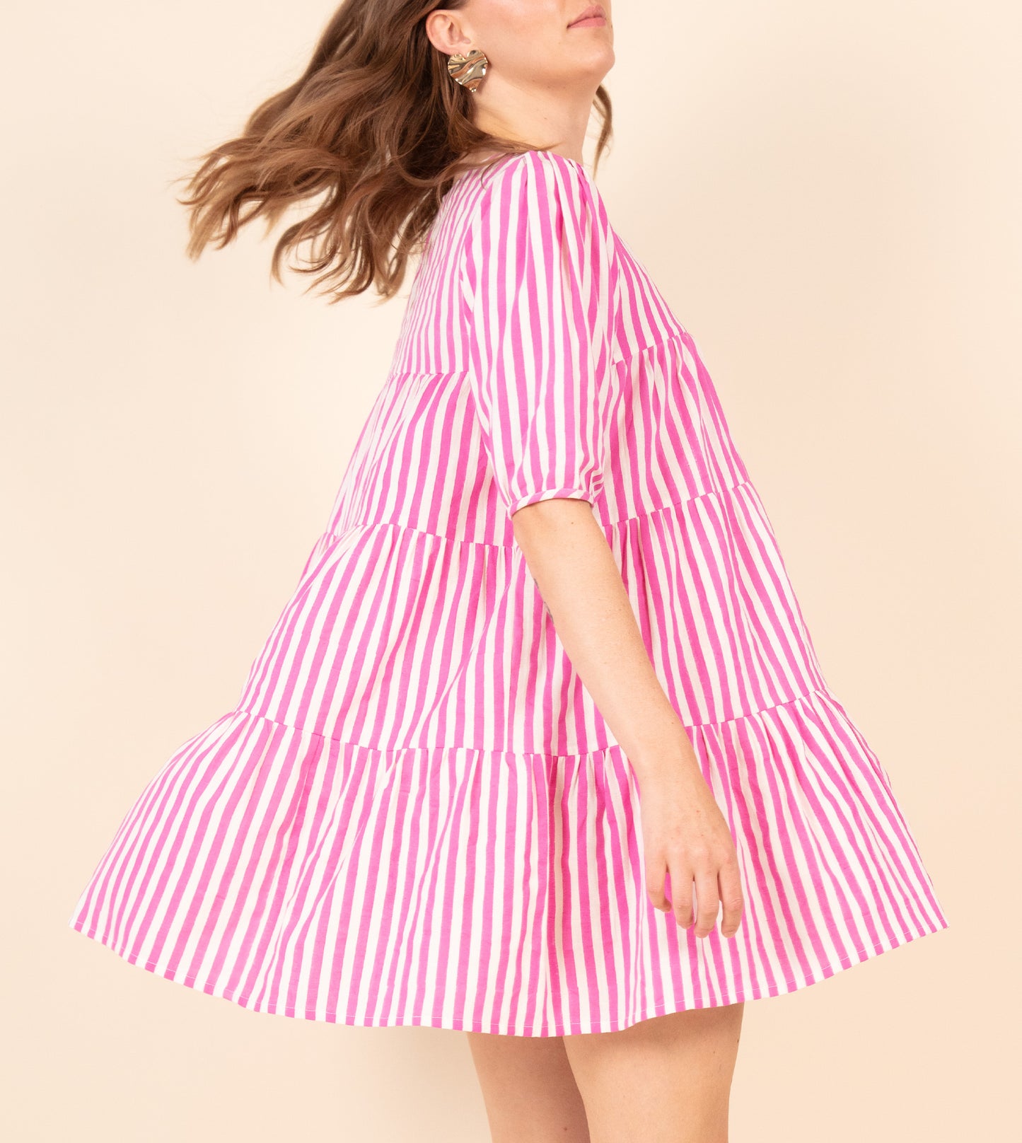 Stripes Asa Dress Pink | Harkoi Studio - Brighten your wardrobe with the Stripes Asa Dress in vibrant pink. Keywords: sustainable dress, eco-friendly fashion, striped dress, pink dress, ethical clothing.