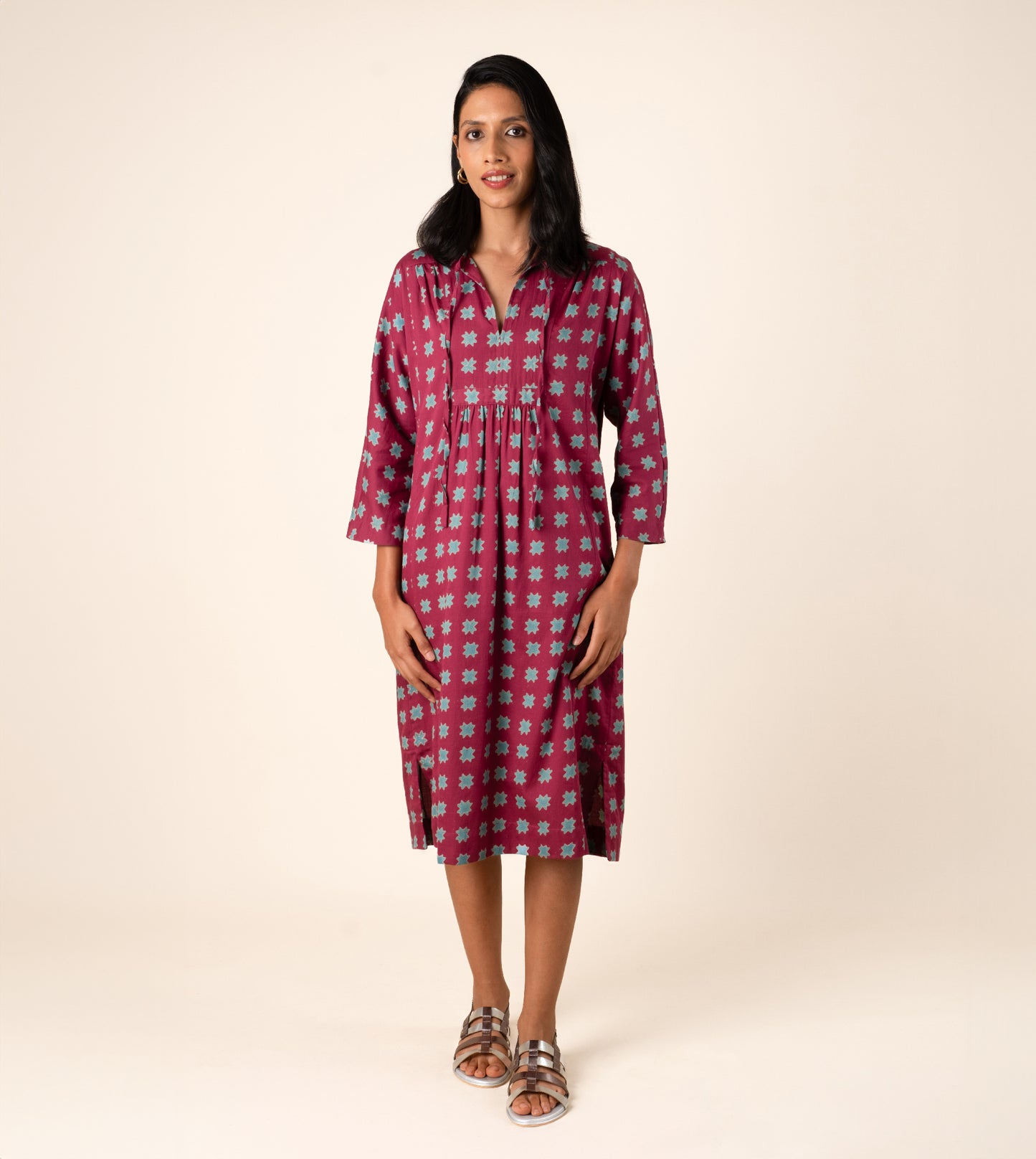 Kiyo Dress Star - Harkoi Studio - Shine in the Kiyo Dress with its unique star pattern. Keywords: sustainable dress, eco-friendly fashion, Kiyo Dress, star-patterned dress, ethical clothing.