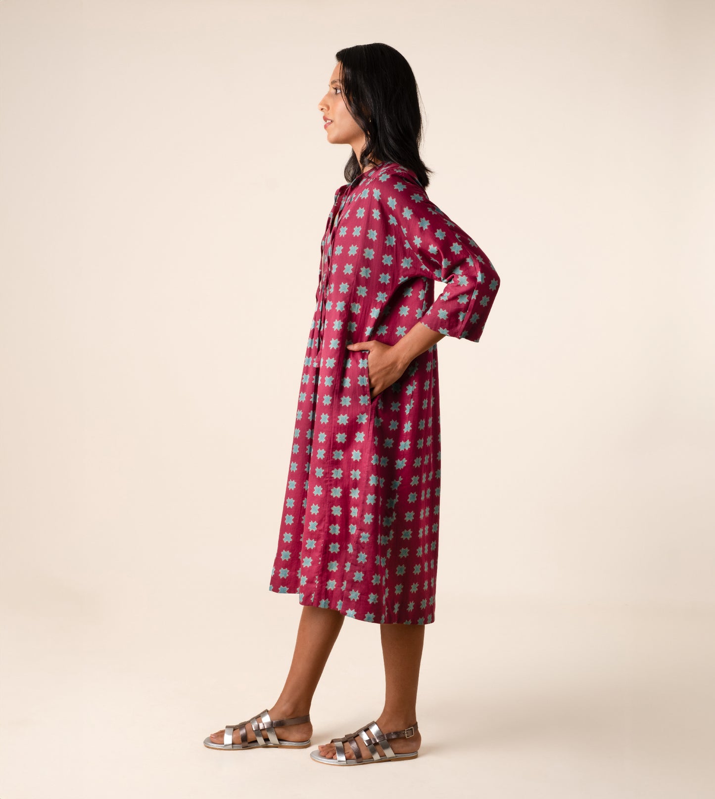 Kiyo Dress Star - Harkoi Studio - Shine in the Kiyo Dress with its unique star pattern. Keywords: sustainable dress, eco-friendly fashion, Kiyo Dress, star-patterned dress, ethical clothing.
