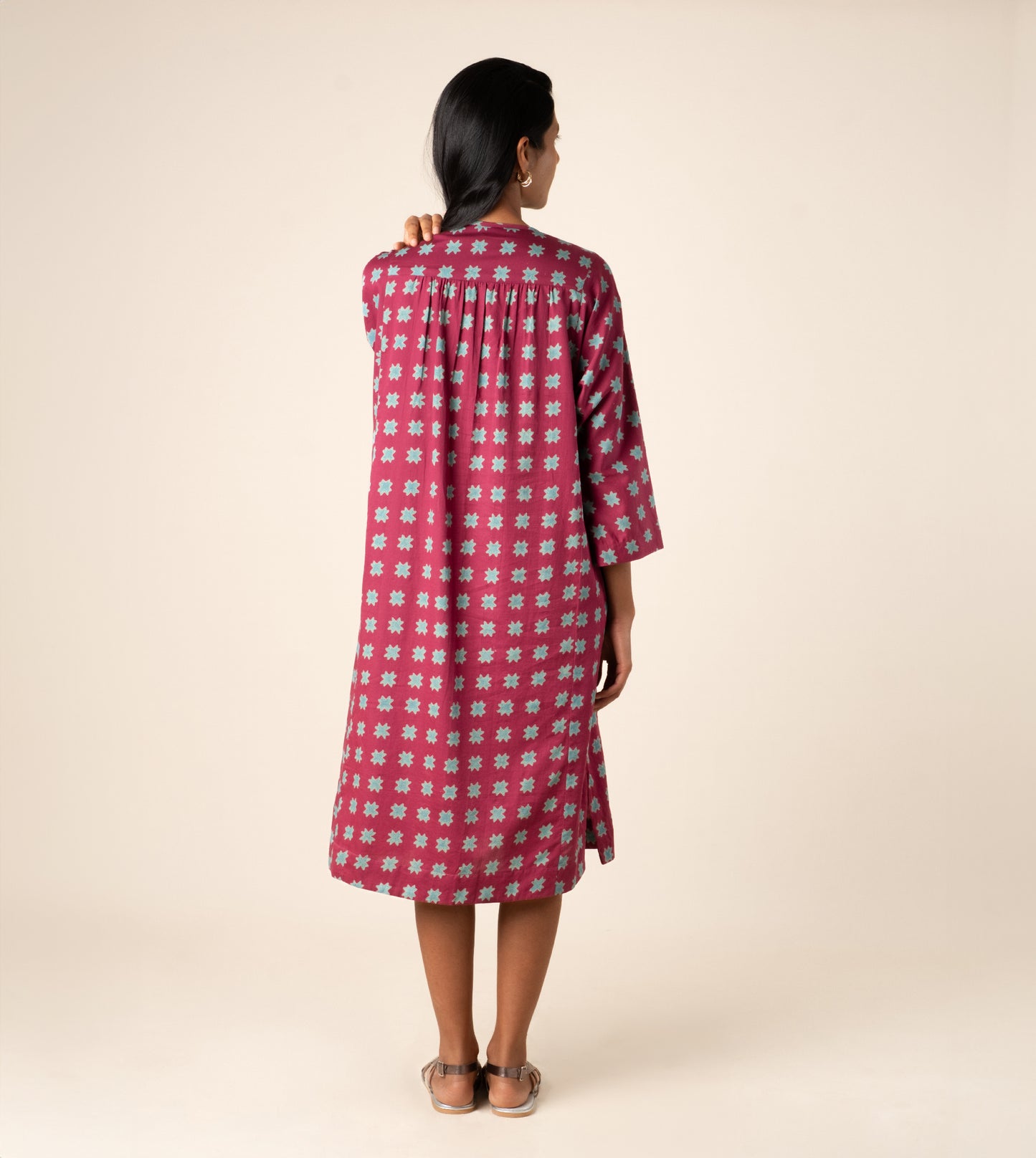 Kiyo Dress Star - Harkoi Studio - Shine in the Kiyo Dress with its unique star pattern. Keywords: sustainable dress, eco-friendly fashion, Kiyo Dress, star-patterned dress, ethical clothing.