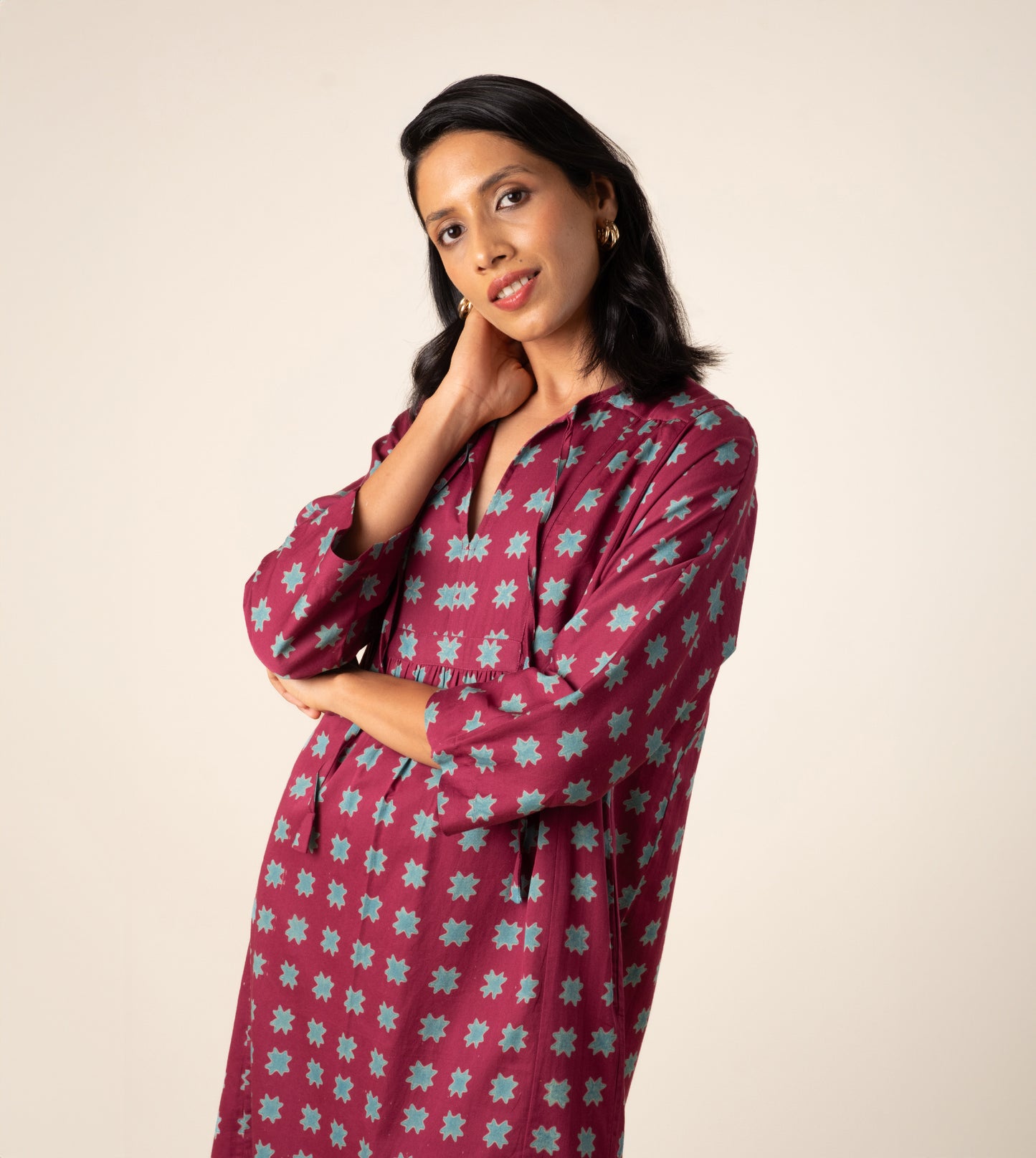 Kiyo Dress Star - Harkoi Studio - Shine in the Kiyo Dress with its unique star pattern. Keywords: sustainable dress, eco-friendly fashion, Kiyo Dress, star-patterned dress, ethical clothing.
