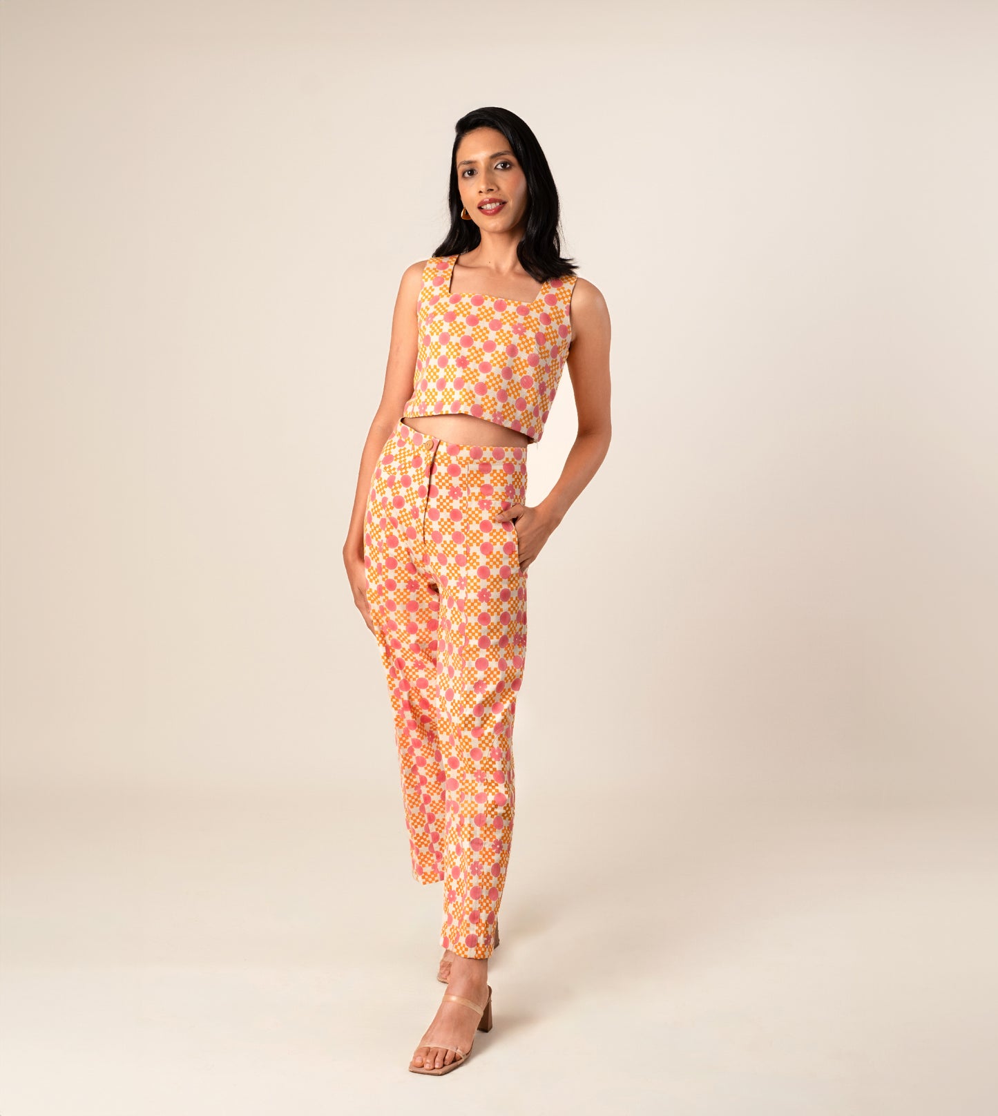 Emi Pants Floral Gingham - Harkoi Studio - Embrace effortless style with the Emi Pants in floral gingham. Keywords: sustainable pants, eco-friendly trousers, Emi Pants, floral gingham trousers, ethical fashion.