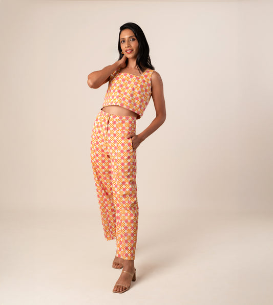 Emi Pants Floral Gingham - Harkoi Studio - Embrace effortless style with the Emi Pants in floral gingham. Keywords: sustainable pants, eco-friendly trousers, Emi Pants, floral gingham trousers, ethical fashion.