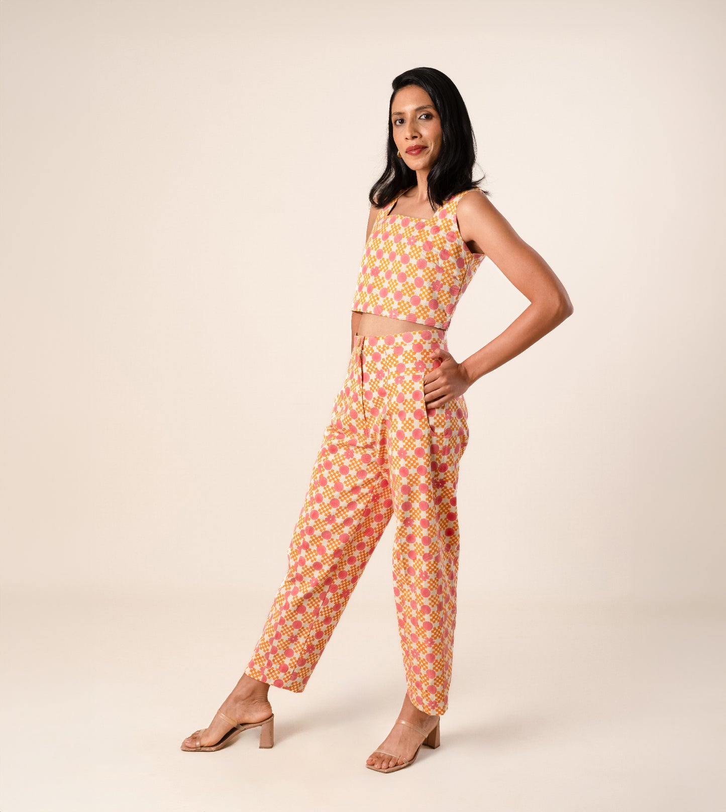 Emi Pants Floral Gingham - Harkoi Studio - Embrace effortless style with the Emi Pants in floral gingham. Keywords: sustainable pants, eco-friendly trousers, Emi Pants, floral gingham trousers, ethical fashion.