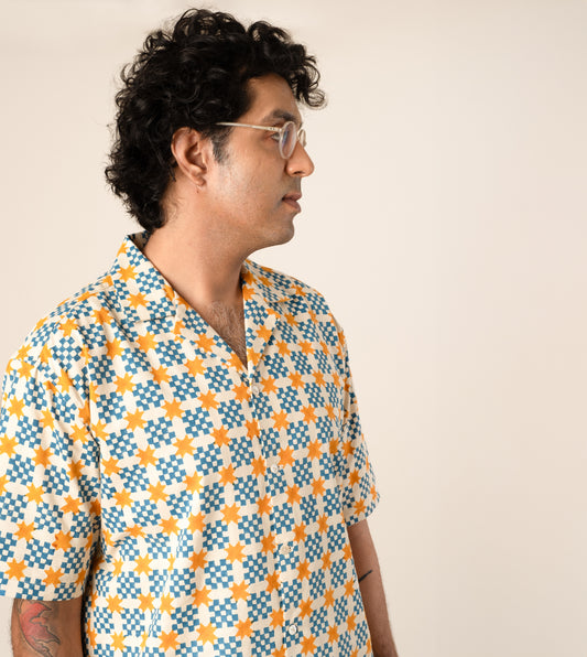 Kenji Shirt Star Gingham - Harkoi Studio - Upgrade your wardrobe with the Kenji Shirt in star gingham. Keywords: sustainable mens shirt, eco-friendly fashion, Kenji Shirt, star gingham shirt, ethical clothing.