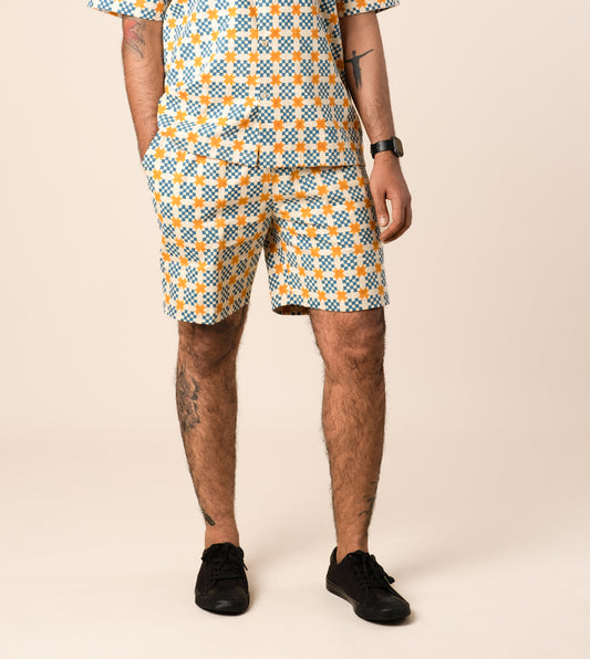 Ina Mens Shorts Star Gingham - Harkoi Studio - Elevate your casual look with the Ina Mens Shorts in star gingham. Keywords: sustainable shorts, eco-friendly fashion, Ina Shorts, star gingham shorts, ethical clothing.