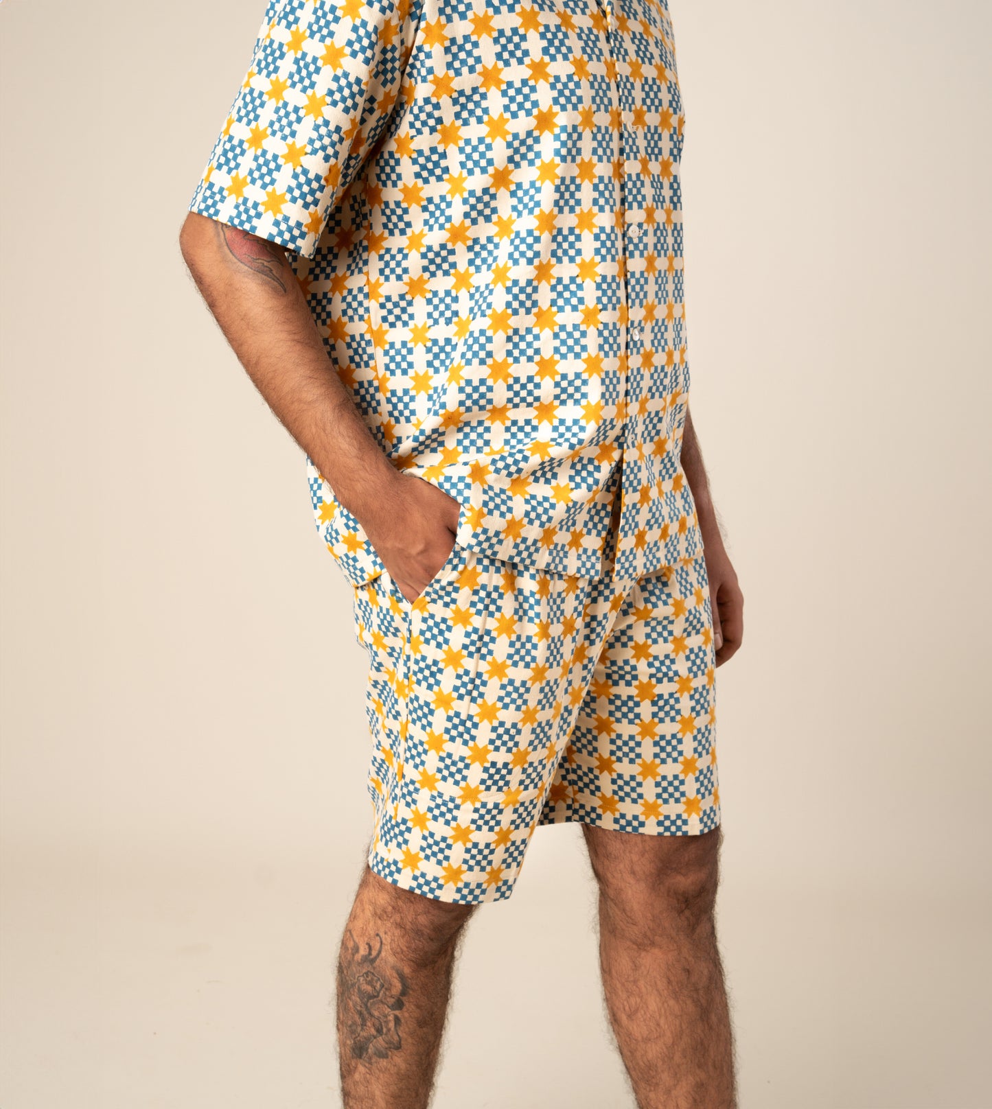 Ina Mens Shorts Star Gingham - Harkoi Studio - Elevate your casual look with the Ina Mens Shorts in star gingham. Keywords: sustainable shorts, eco-friendly fashion, Ina Shorts, star gingham shorts, ethical clothing.