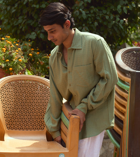 "Men’s full-sleeve khadi cotton shirt with ditsy check pattern and brass buttons, versatile design.
