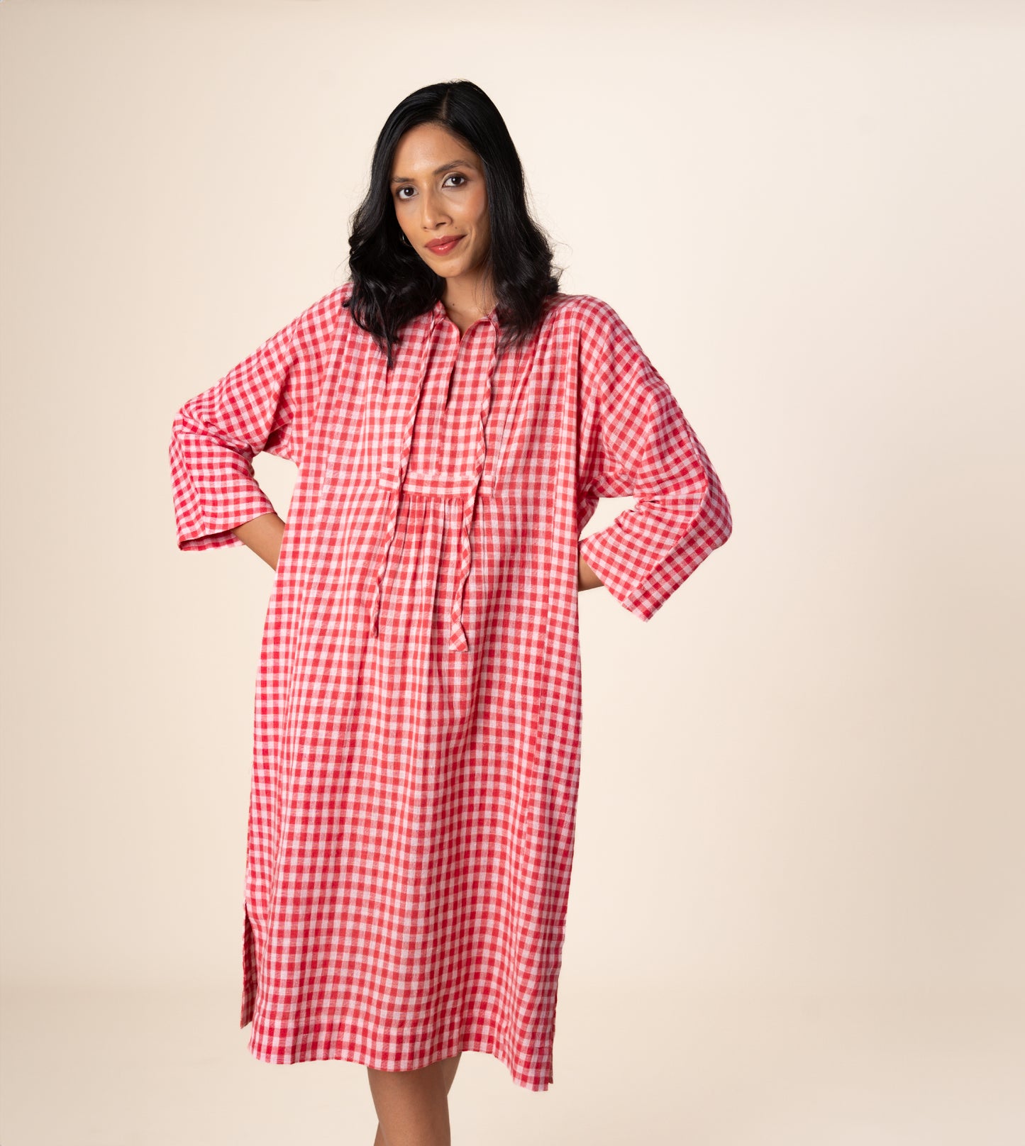 Kiyo Dress Gingham - Harkoi Studio - Step into effortless elegance with the Kiyo Dress in gingham. Keywords: sustainable dress, eco-friendly fashion, Kiyo Dress, gingham dress, ethical clothing.
