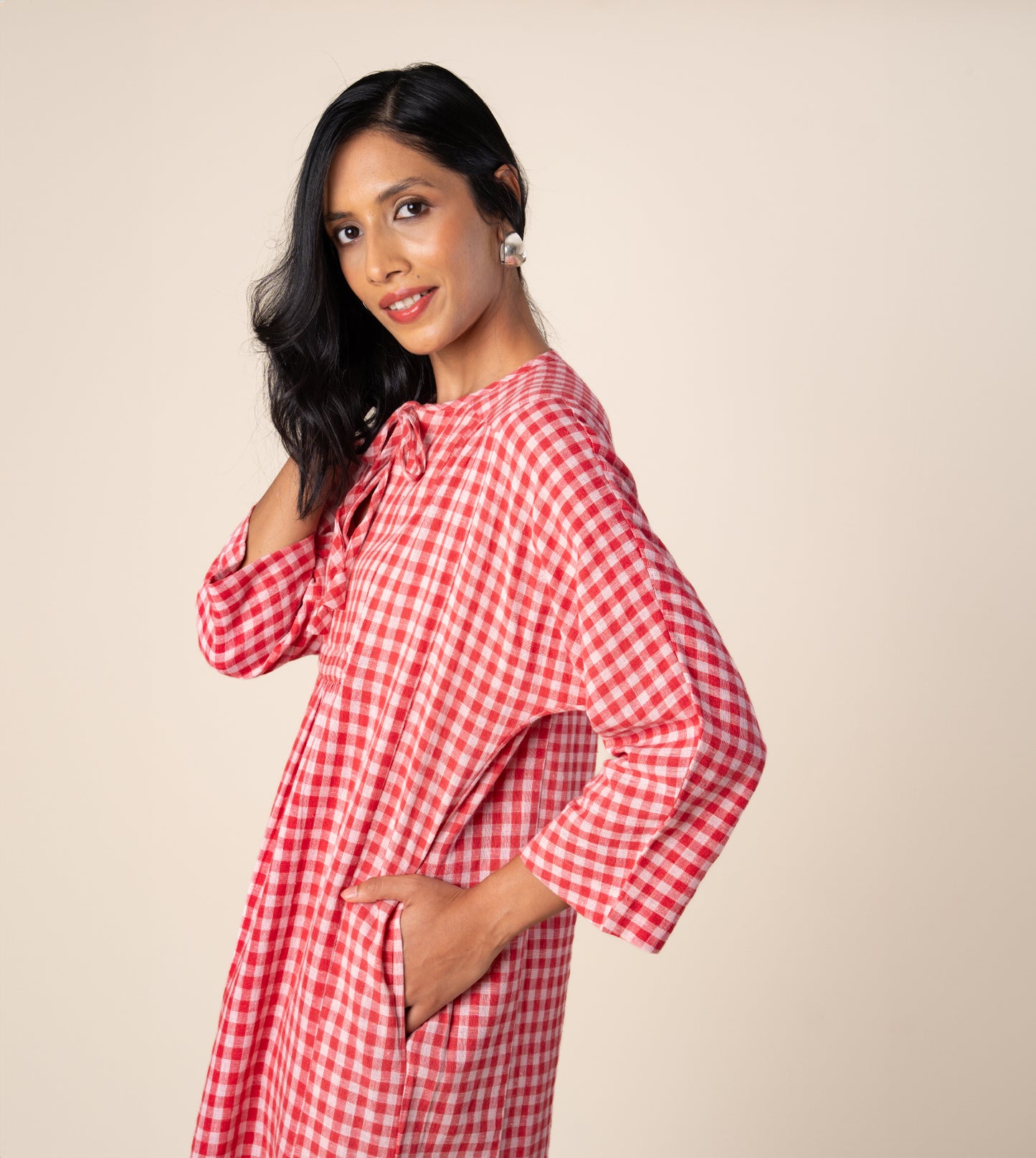 Kiyo Dress Gingham - Harkoi Studio - Step into effortless elegance with the Kiyo Dress in gingham. Keywords: sustainable dress, eco-friendly fashion, Kiyo Dress, gingham dress, ethical clothing.