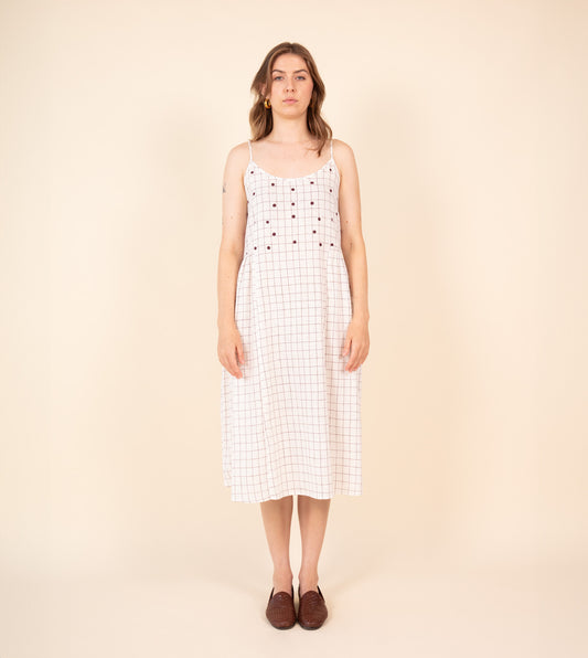 Neusa Dress Woven Check Embroidered - Harkoi Studio - Discover the Neusa Dress in woven check with delicate embroidery. Keywords: sustainable dress, eco-friendly clothing, Neusa Dress, woven check dress, embroidered dress, ethical fashion.
