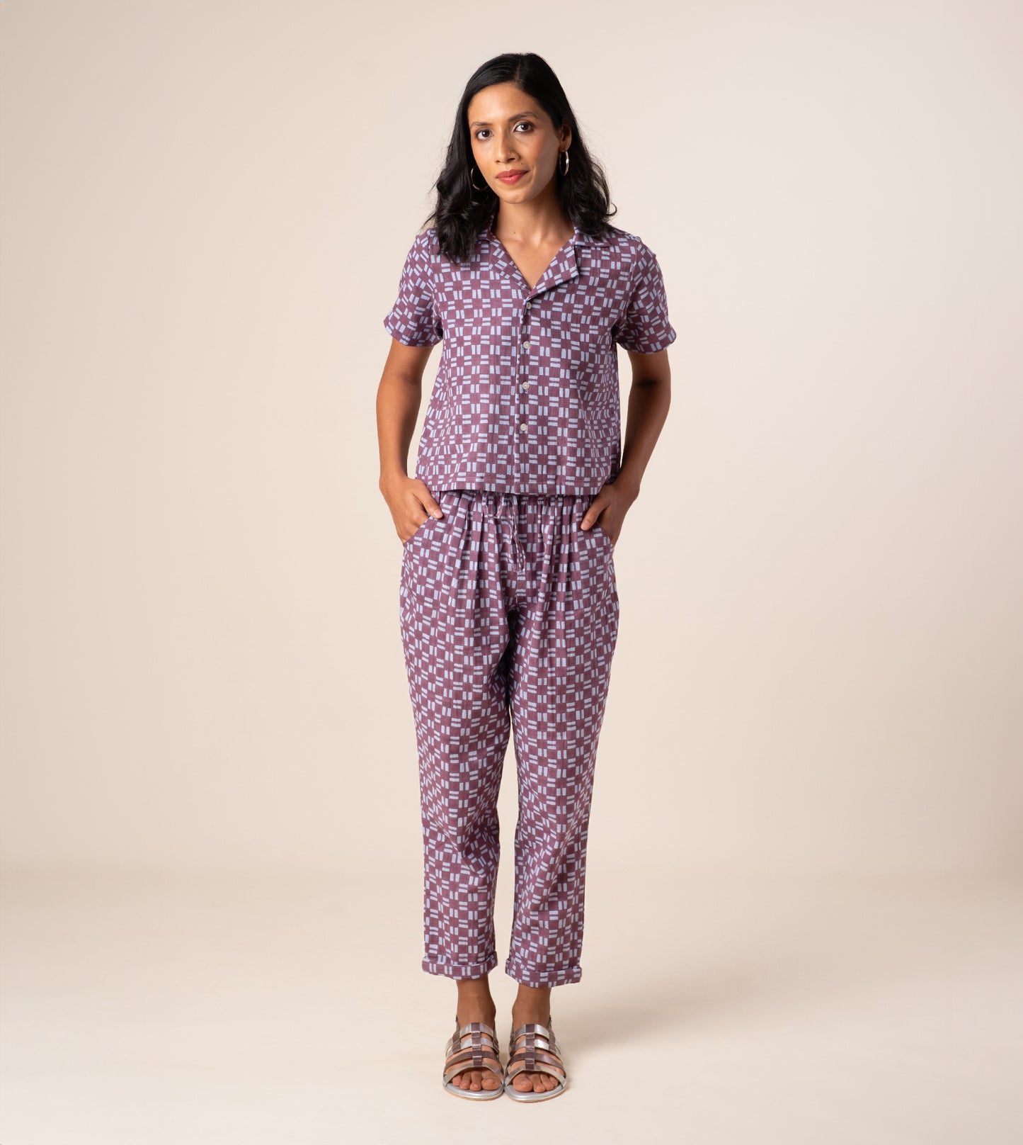 Emiko Pants Dashing Check - Harkoi Studio - Upgrade your wardrobe with the Emiko Pants in dashing check. Keywords: sustainable pants, eco-friendly trousers, Emiko Pants, dashing check trousers, ethical fashion.