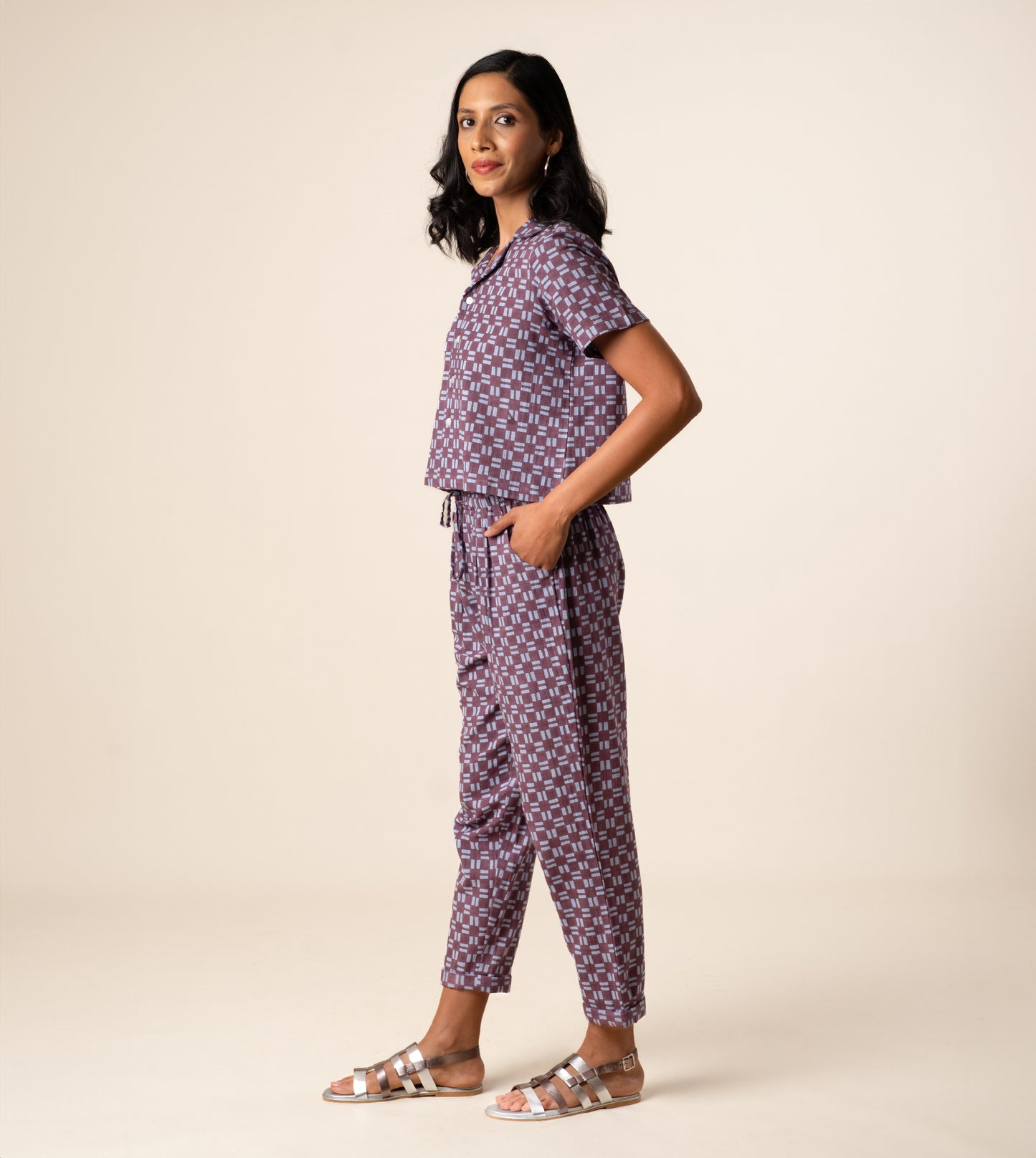 Emiko Pants Dashing Check - Harkoi Studio - Upgrade your wardrobe with the Emiko Pants in dashing check. Keywords: sustainable pants, eco-friendly trousers, Emiko Pants, dashing check trousers, ethical fashion.