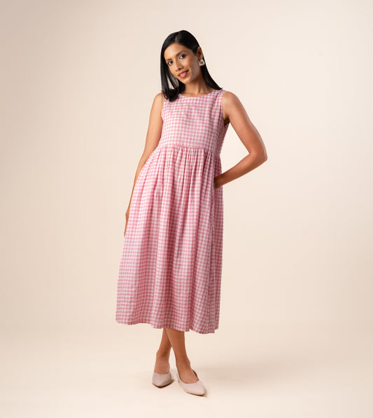 Suki Dress Gingham Embroidered - Harkoi Studio - Step into effortless elegance with the Suki Dress in embroidered gingham. Keywords: sustainable dress, eco-friendly clothing, Suki Dress, embroidered gingham dress, ethical fashion.