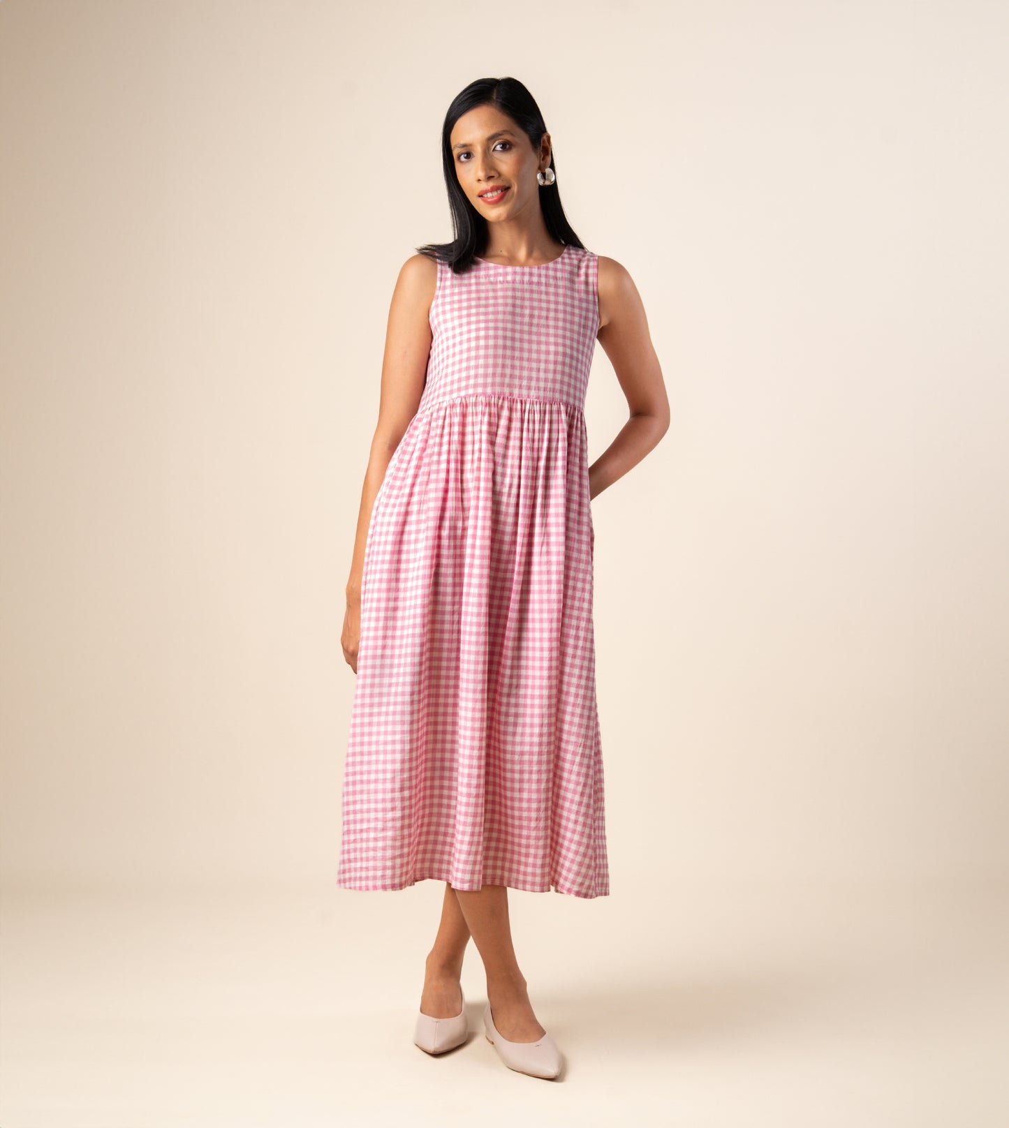 Suki Dress Gingham Embroidered - Harkoi Studio - Step into effortless elegance with the Suki Dress in embroidered gingham. Keywords: sustainable dress, eco-friendly clothing, Suki Dress, embroidered gingham dress, ethical fashion.
