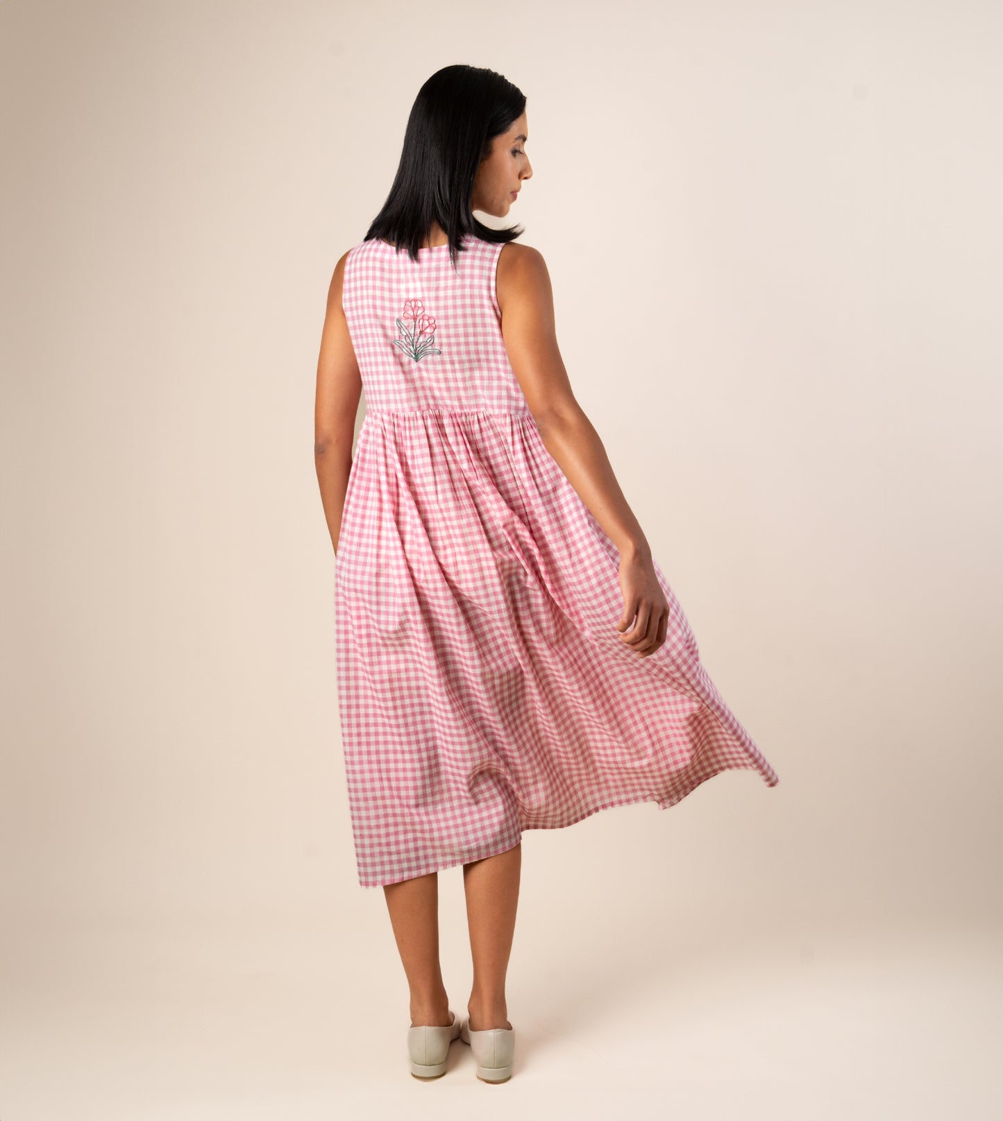 Suki Dress Gingham Embroidered - Harkoi Studio - Step into effortless elegance with the Suki Dress in embroidered gingham. Keywords: sustainable dress, eco-friendly clothing, Suki Dress, embroidered gingham dress, ethical fashion.