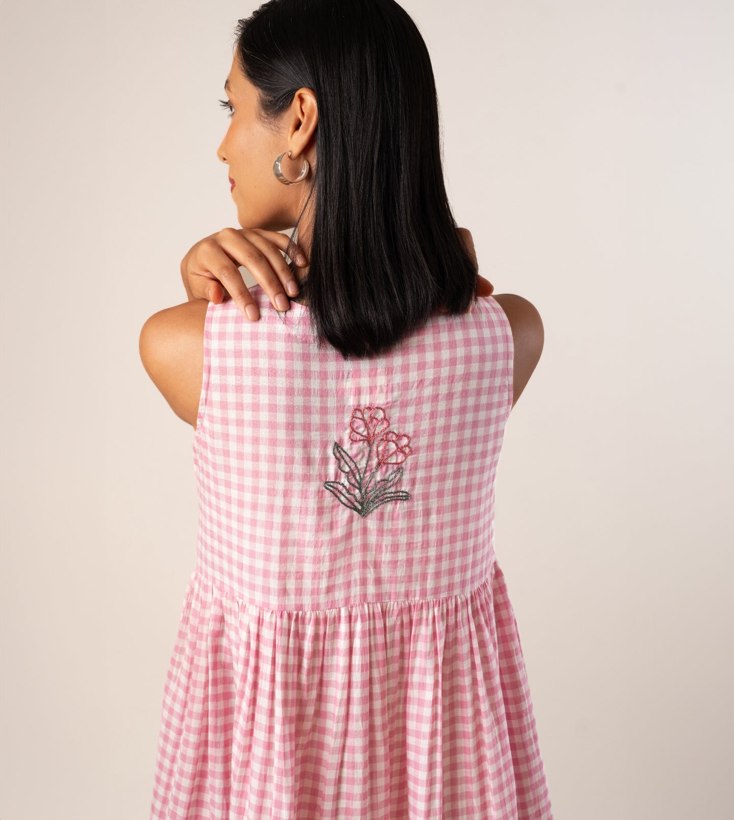 Suki Dress Gingham Embroidered - Harkoi Studio - Step into effortless elegance with the Suki Dress in embroidered gingham. Keywords: sustainable dress, eco-friendly clothing, Suki Dress, embroidered gingham dress, ethical fashion.