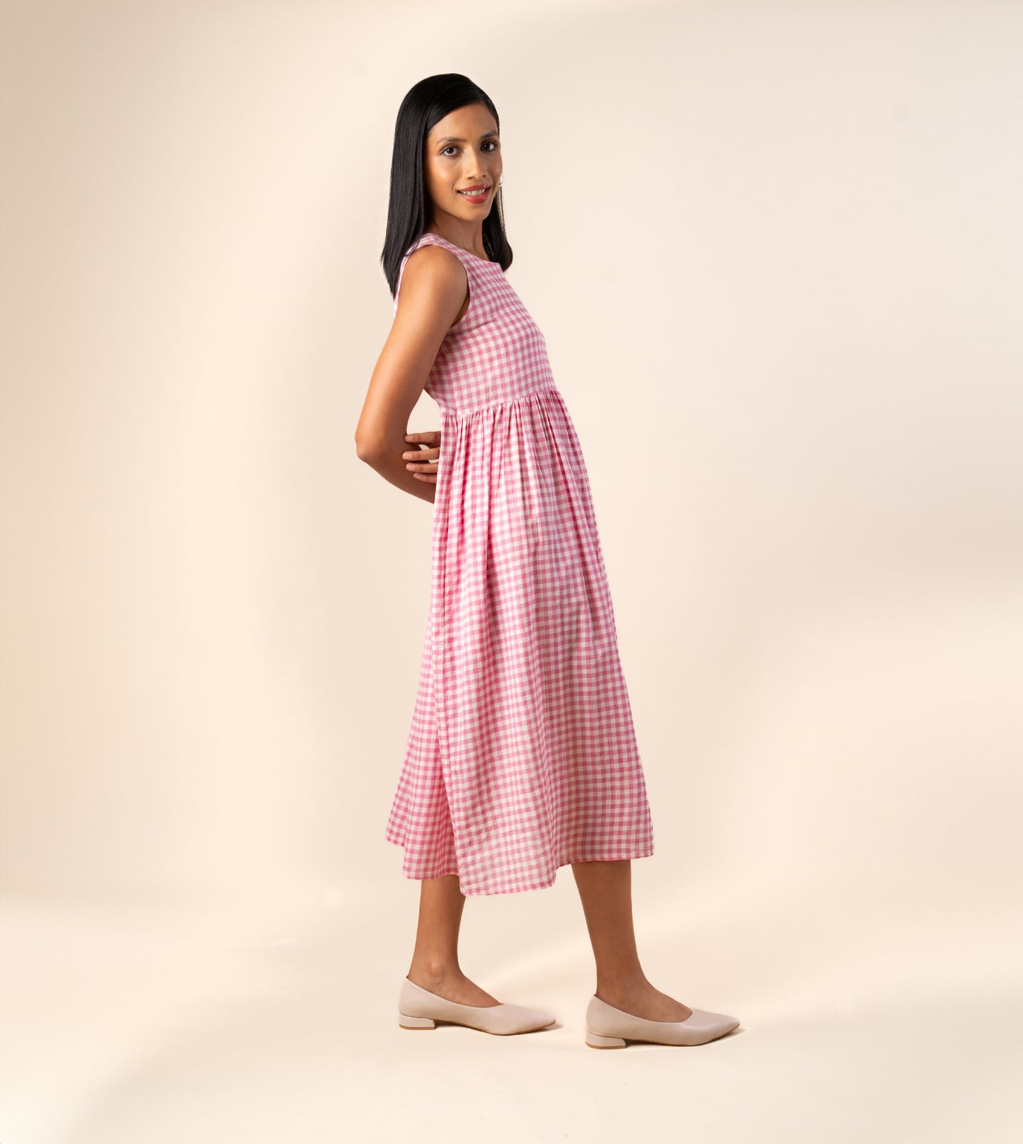 Suki Dress Gingham Embroidered - Harkoi Studio - Step into effortless elegance with the Suki Dress in embroidered gingham. Keywords: sustainable dress, eco-friendly clothing, Suki Dress, embroidered gingham dress, ethical fashion.