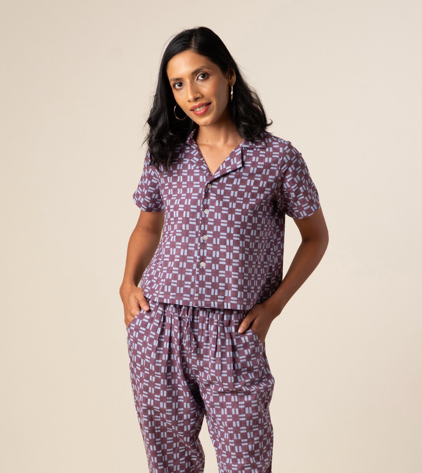 Rin Top in Dashing Check ? a handcrafted, sustainable women's camp collar top made from organic, hand-loomed 'kala' cotton. Ethically made in India.