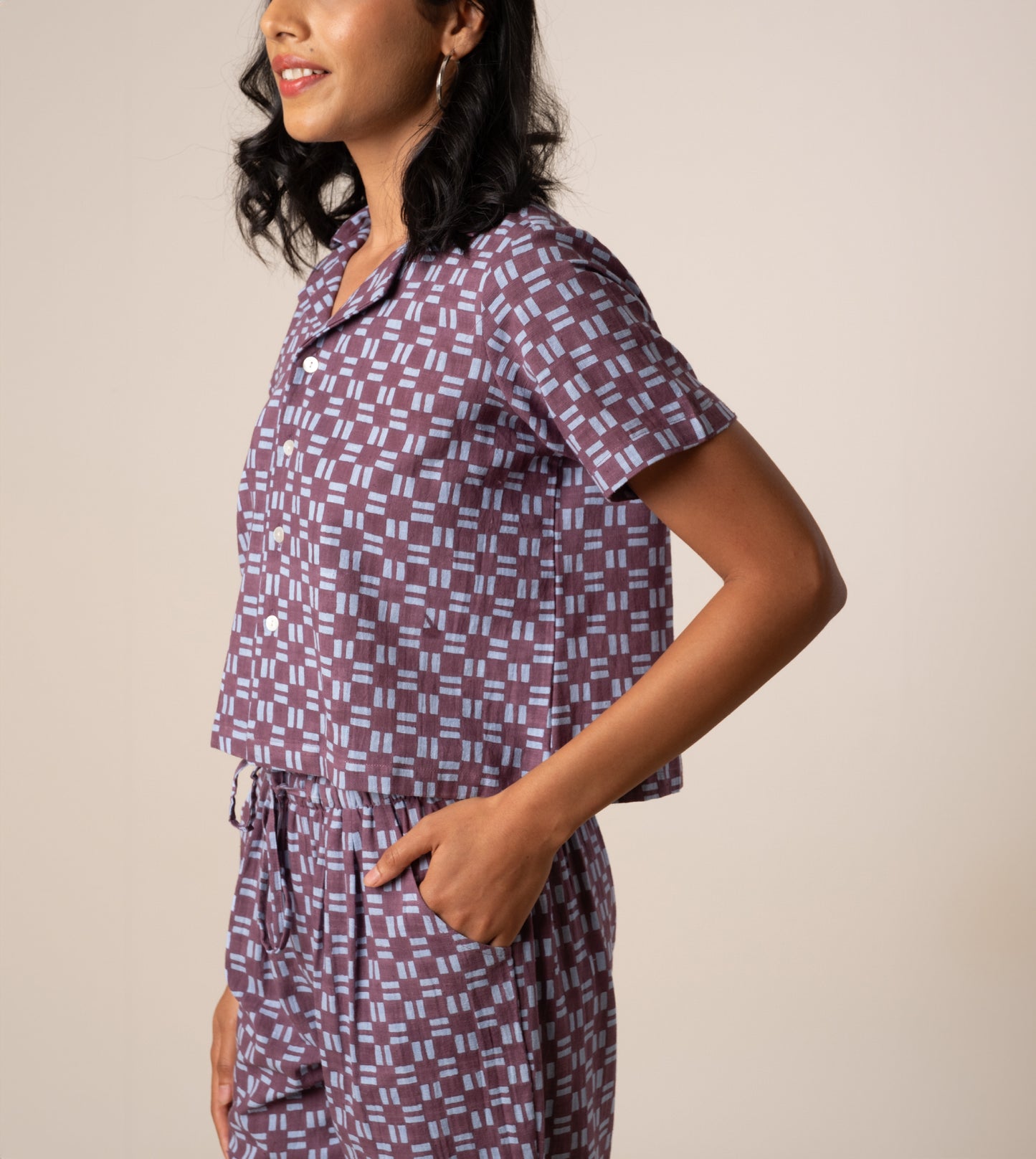 Rin Top in Dashing Check ? a handcrafted, sustainable women's camp collar top made from organic, hand-loomed 'kala' cotton. Ethically made in India.