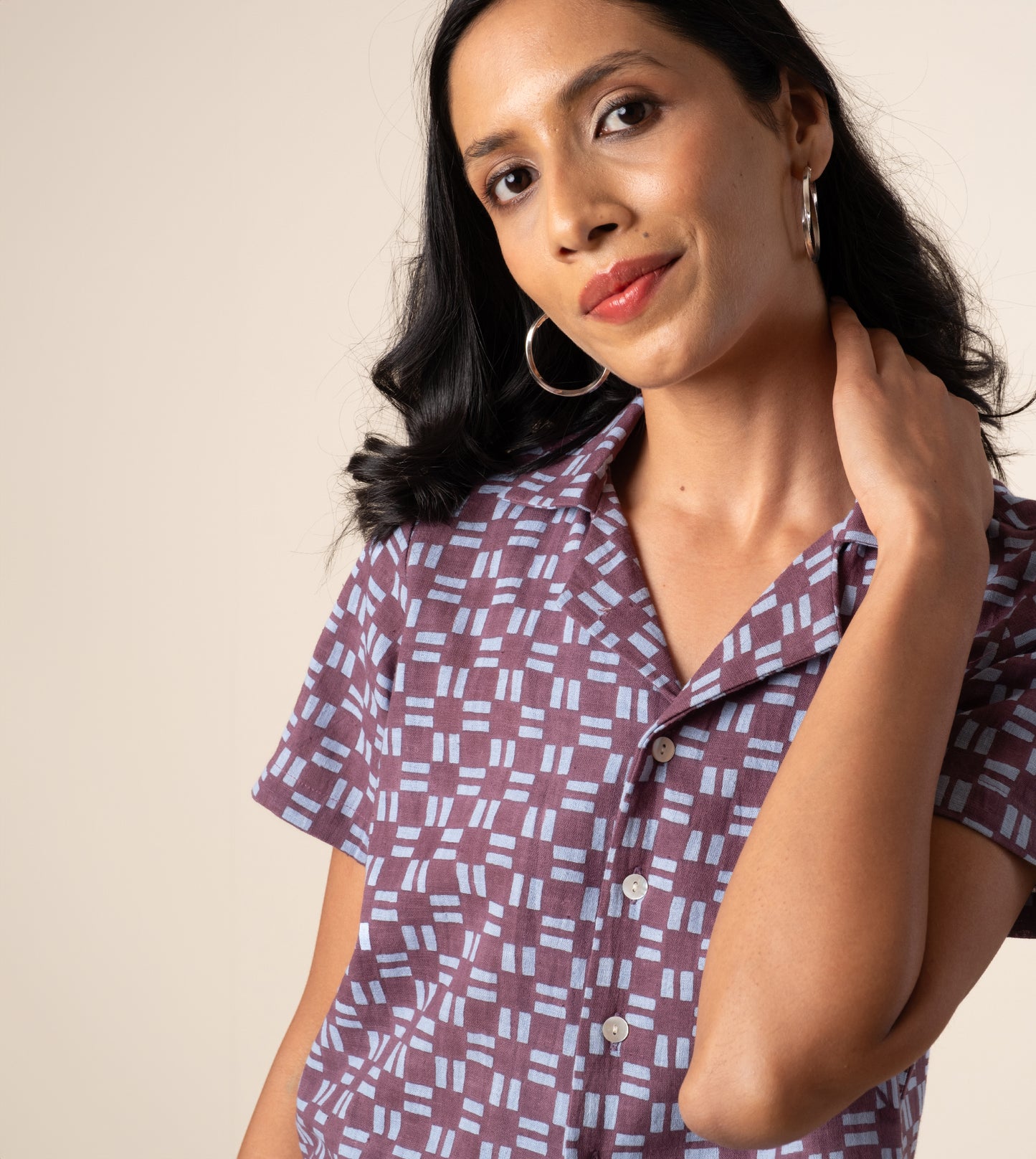 Rin Top in Dashing Check ? a handcrafted, sustainable women's camp collar top made from organic, hand-loomed 'kala' cotton. Ethically made in India.