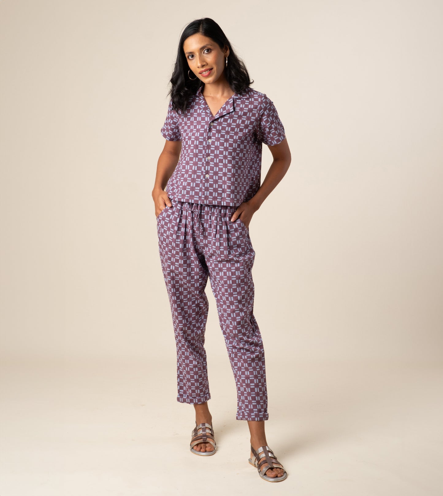 Rin Top in Dashing Check ? a handcrafted, sustainable women's camp collar top made from organic, hand-loomed 'kala' cotton. Ethically made in India.