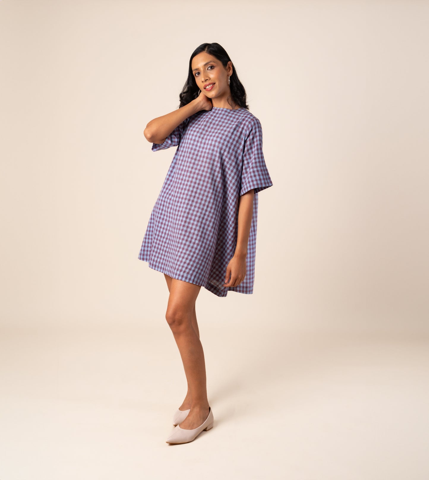 Jun Dress Gingham - Harkoi Studio - Embrace effortless elegance with the Jun Dress in classic gingham. Keywords: sustainable dress, eco-friendly fashion, Jun Dress, gingham dress, ethical clothing.