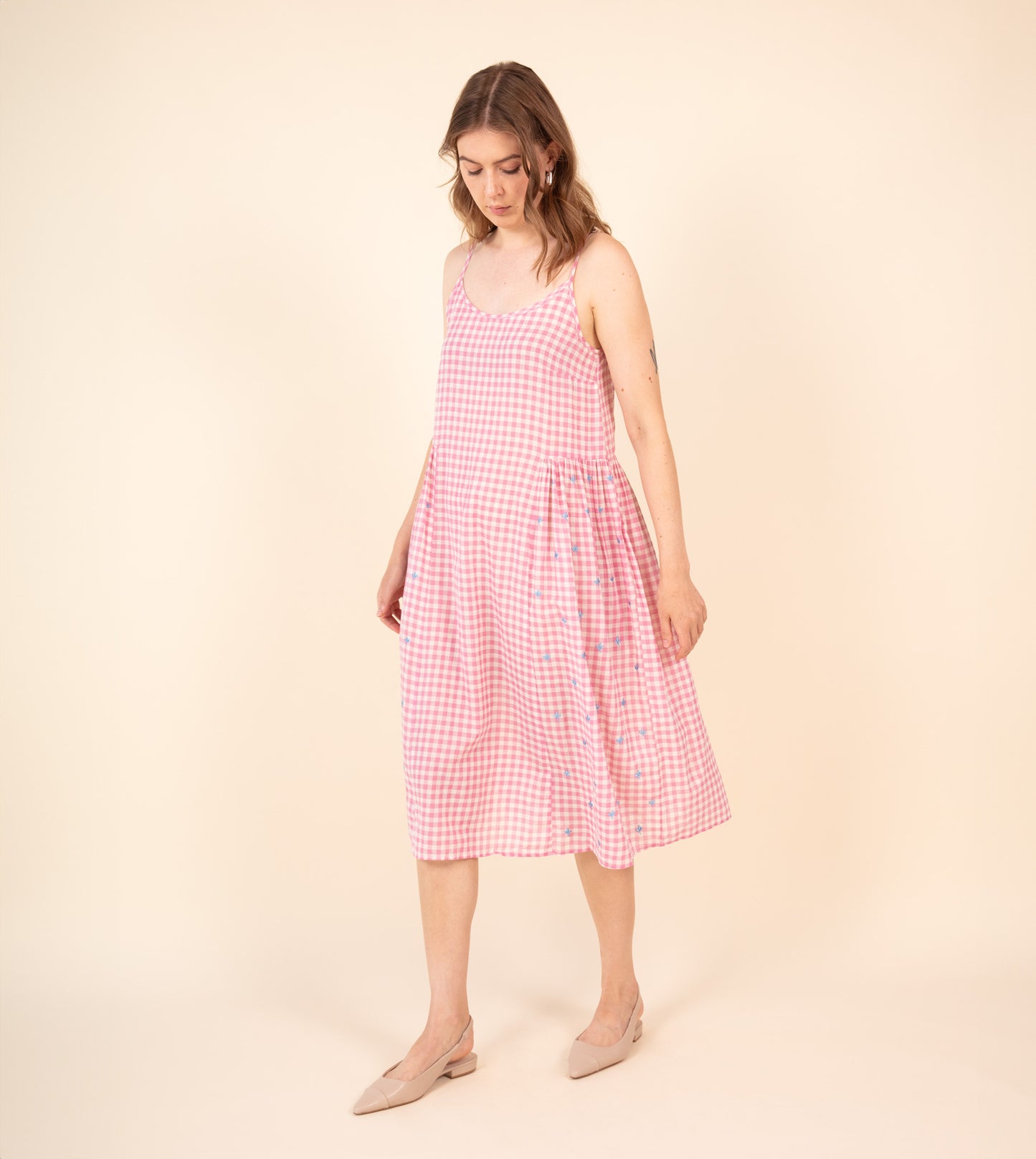 Suki Dress Gingham Embroidered | Harkoi Studio - Elevate your wardrobe with the Suki Dress in embroidered gingham. Keywords: sustainable dress, eco-friendly fashion, embroidered gingham dress, Suki Dress, ethical clothing.