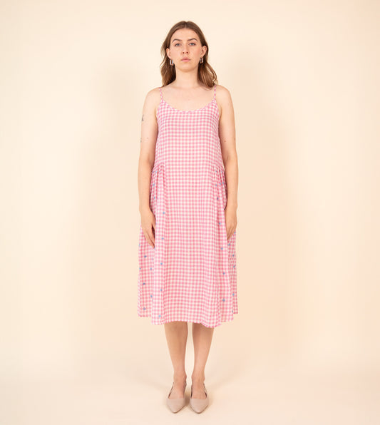 Suki Dress Gingham Embroidered | Harkoi Studio - Elevate your wardrobe with the Suki Dress in embroidered gingham. Keywords: sustainable dress, eco-friendly fashion, embroidered gingham dress, Suki Dress, ethical clothing.
