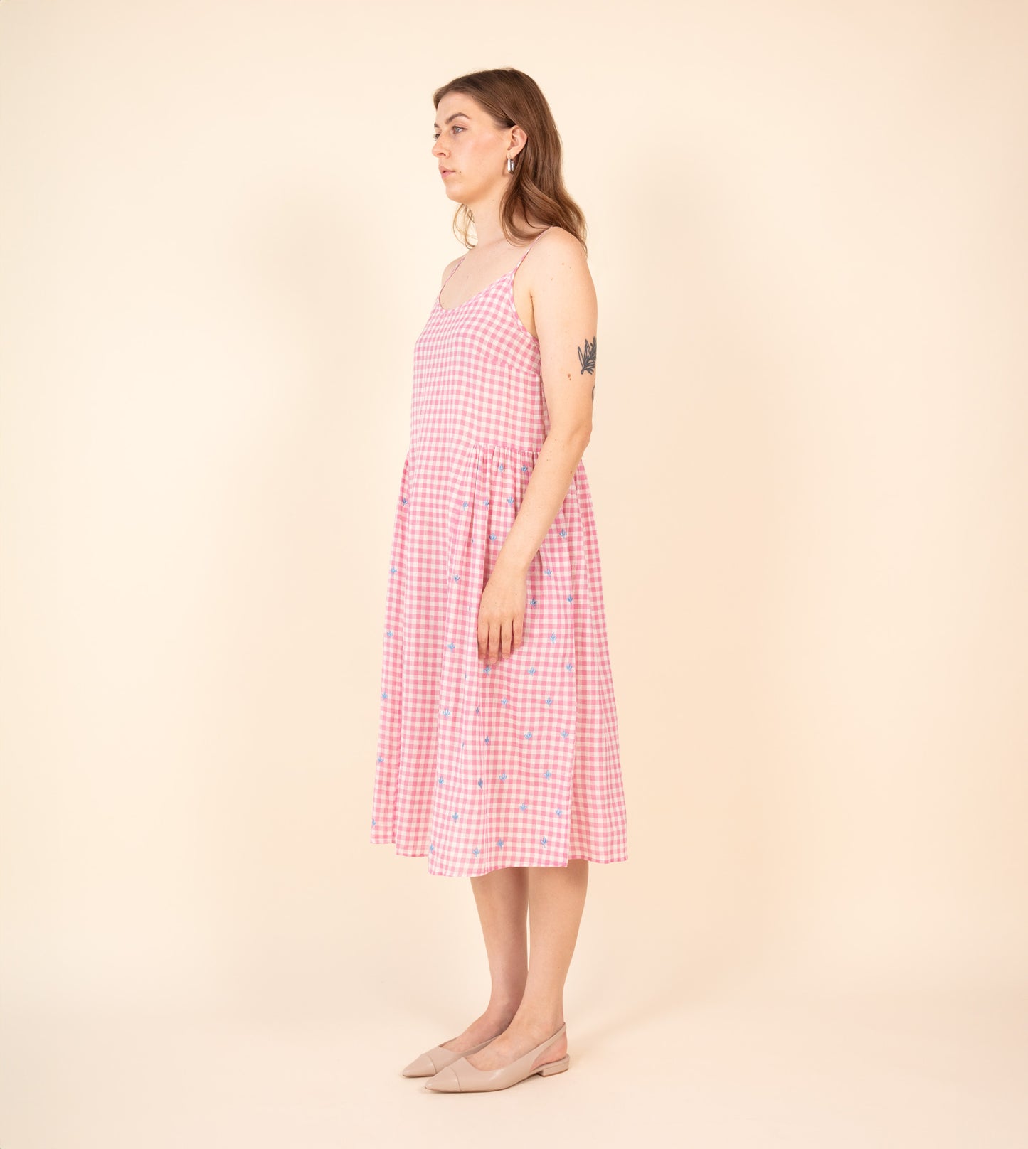 Suki Dress Gingham Embroidered | Harkoi Studio - Elevate your wardrobe with the Suki Dress in embroidered gingham. Keywords: sustainable dress, eco-friendly fashion, embroidered gingham dress, Suki Dress, ethical clothing.