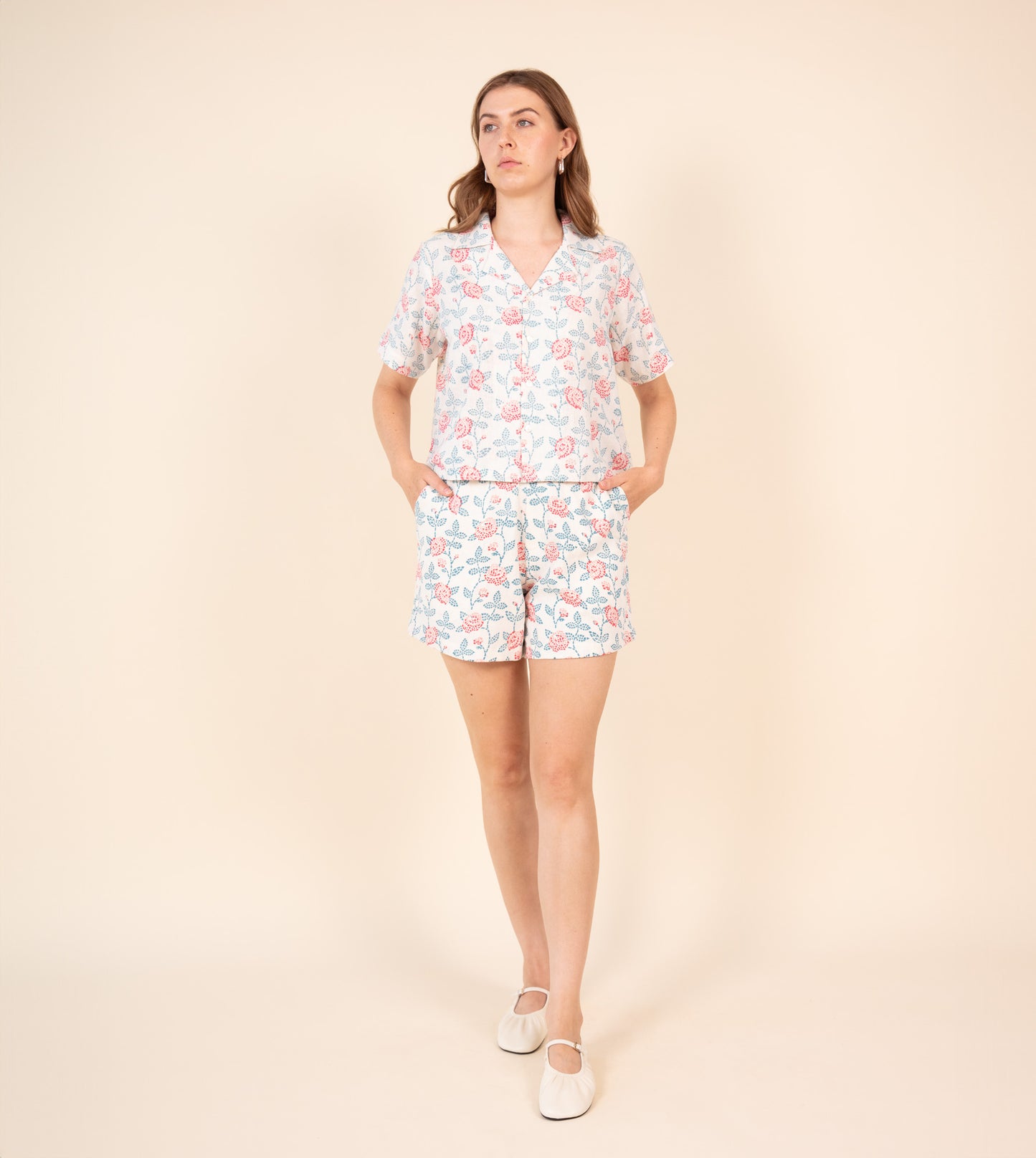 Ren Shorts Rose Mosaic - Harkoi Studio - Add a touch of artistry to your wardrobe with the Ren Shorts in Rose Mosaic. Keywords: sustainable shorts, eco-friendly fashion, Ren Shorts, rose mosaic shorts, ethical clothing.