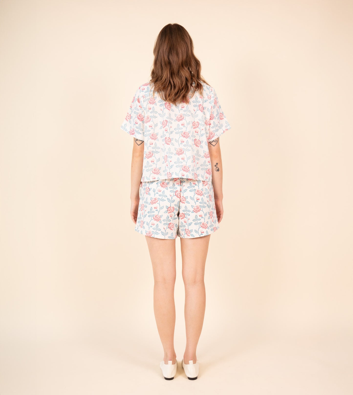 Ren Shorts Rose Mosaic - Harkoi Studio - Add a touch of artistry to your wardrobe with the Ren Shorts in Rose Mosaic. Keywords: sustainable shorts, eco-friendly fashion, Ren Shorts, rose mosaic shorts, ethical clothing.
