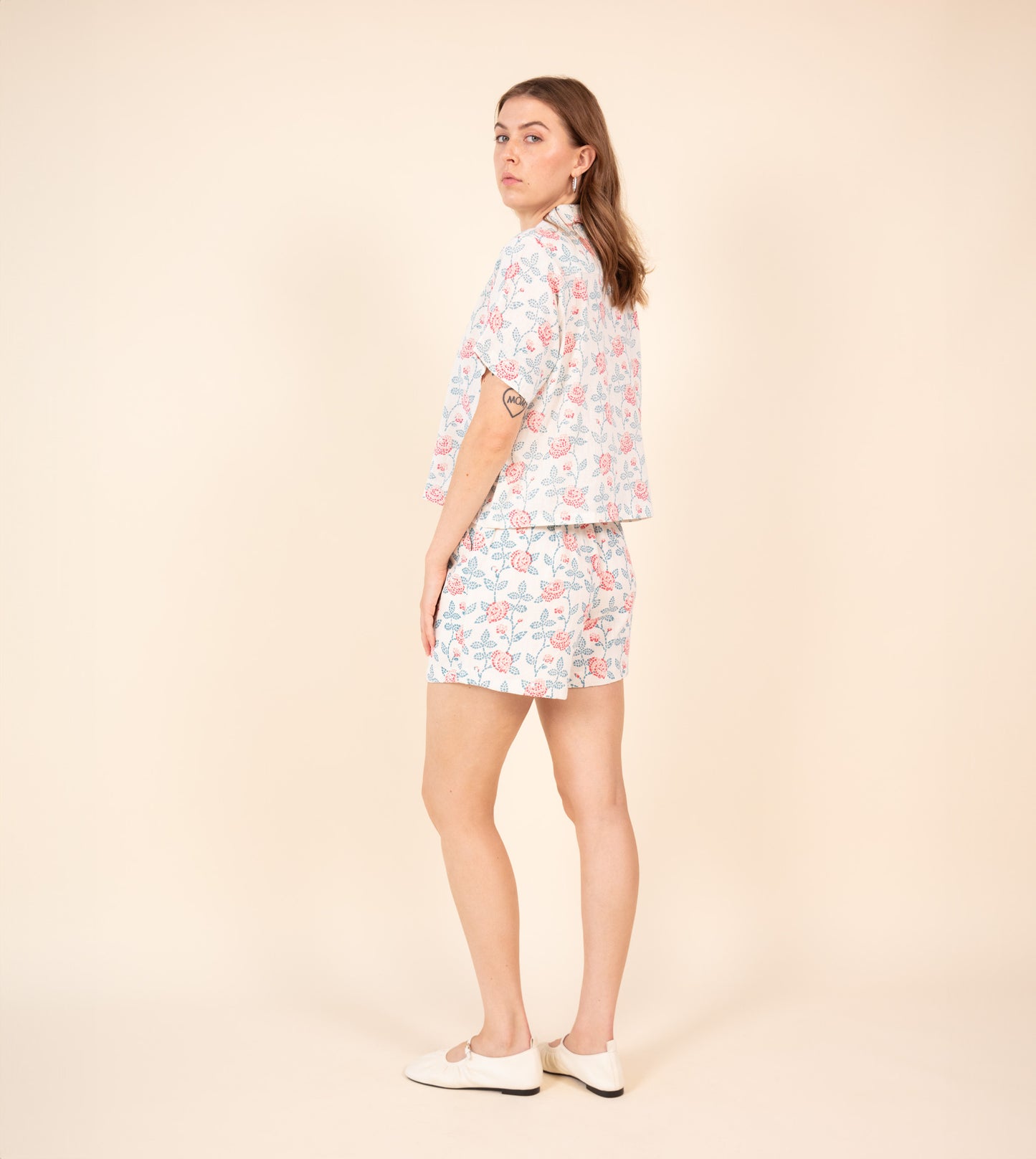 Ren Shorts Rose Mosaic - Harkoi Studio - Add a touch of artistry to your wardrobe with the Ren Shorts in Rose Mosaic. Keywords: sustainable shorts, eco-friendly fashion, Ren Shorts, rose mosaic shorts, ethical clothing.