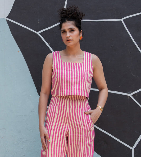 Mei Top Pink Stripes - Harkoi Studio - Add a playful touch to your wardrobe with the Mei Top in pink stripes. Keywords: sustainable blouse, eco-friendly top, Mei Top, pink striped blouse, ethical fashion.