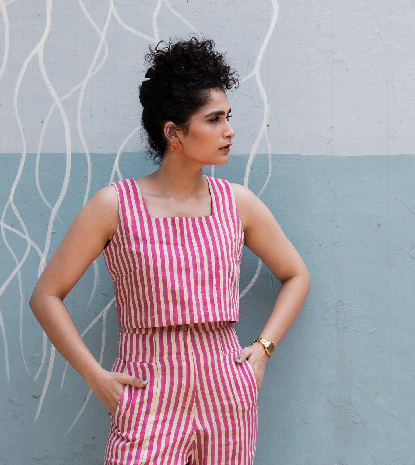 Mei Top Pink Stripes - Harkoi Studio - Add a playful touch to your wardrobe with the Mei Top in pink stripes. Keywords: sustainable blouse, eco-friendly top, Mei Top, pink striped blouse, ethical fashion.