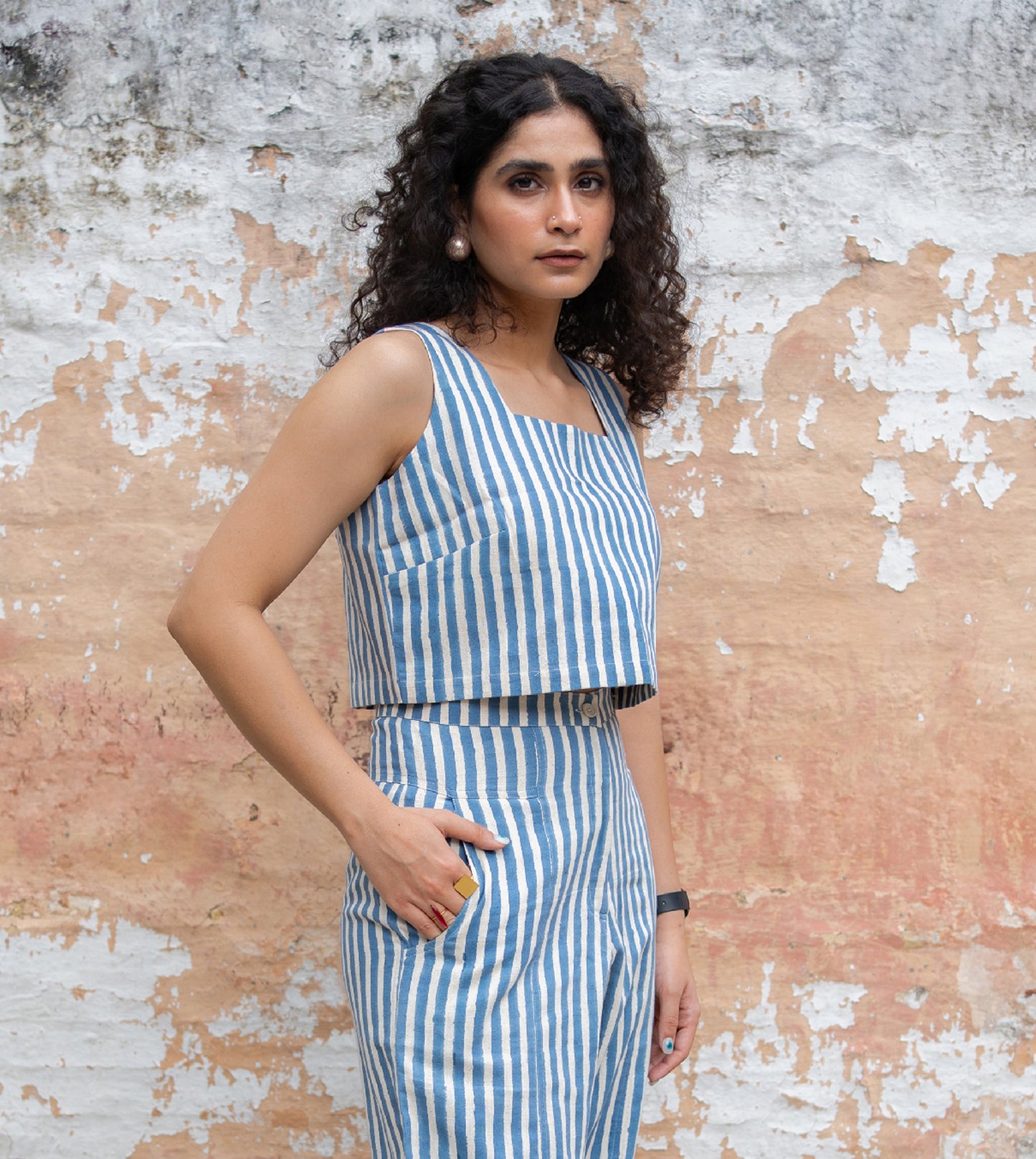 Mei Top Blue Stripes - Harkoi Studio - Upgrade your wardrobe with the Mei Top in blue stripes. Keywords: sustainable blouse, eco-friendly top, Mei Top, blue striped blouse, ethical fashion.