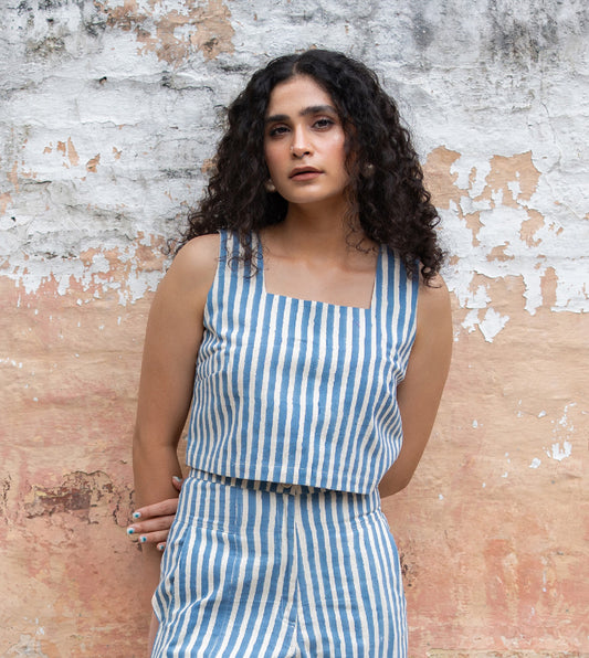 Mei Top Blue Stripes - Harkoi Studio - Upgrade your wardrobe with the Mei Top in blue stripes. Keywords: sustainable blouse, eco-friendly top, Mei Top, blue striped blouse, ethical fashion.