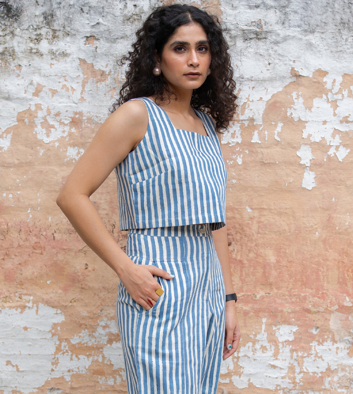 Mei Top Blue Stripes - Harkoi Studio - Upgrade your wardrobe with the Mei Top in blue stripes. Keywords: sustainable blouse, eco-friendly top, Mei Top, blue striped blouse, ethical fashion.